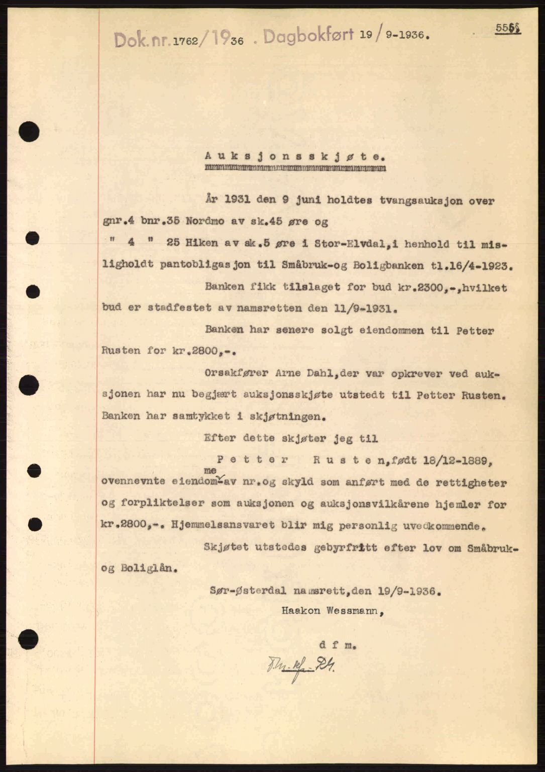 Sør-Østerdal sorenskriveri, SAH/TING-018/H/Hb/Hbb/L0054: Pantebok nr. A54, 1936-1936, Dagboknr: 1762/1936