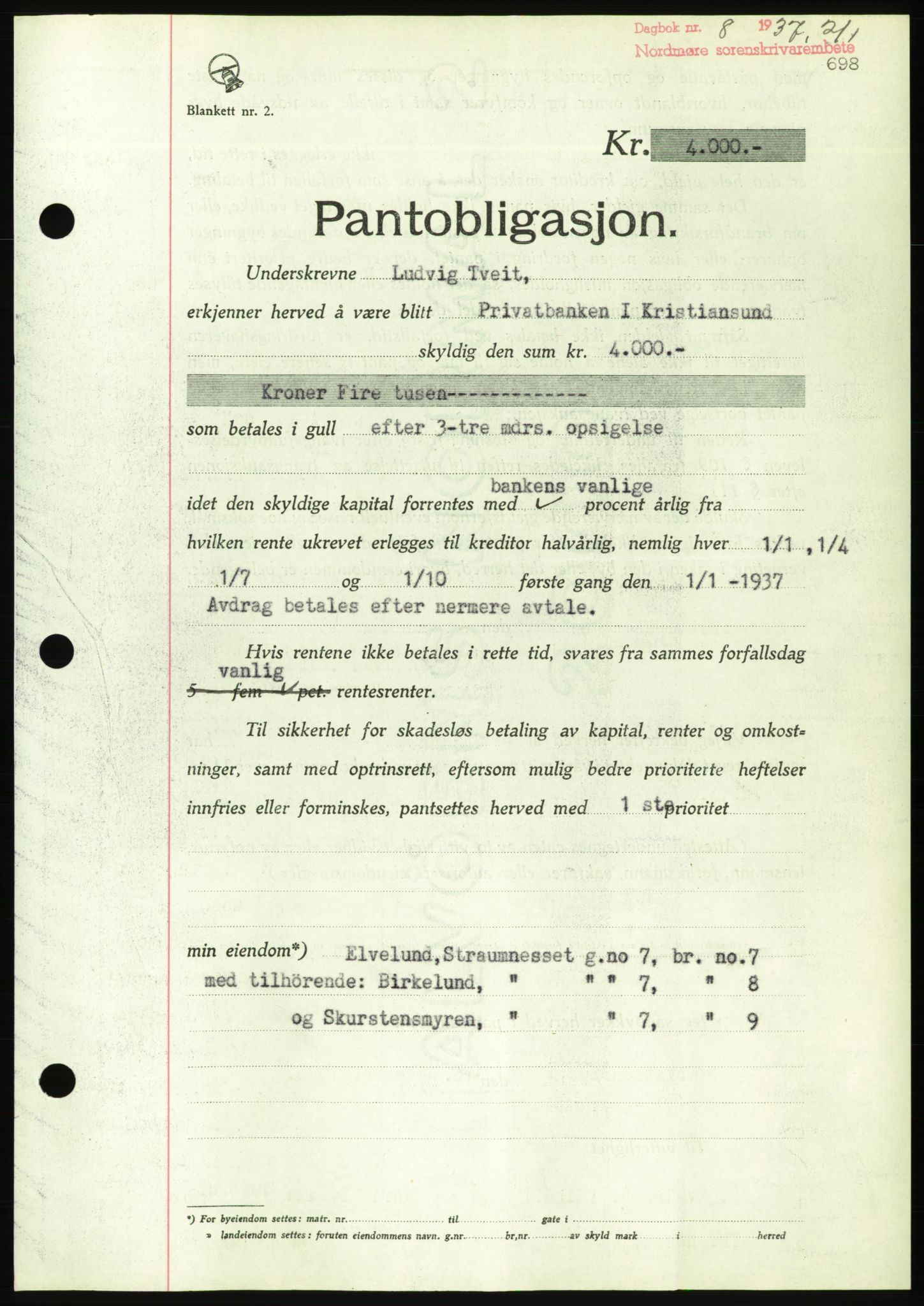 Nordmøre sorenskriveri, AV/SAT-A-4132/1/2/2Ca/L0090: Pantebok nr. B80, 1936-1937, Dagboknr: 8/1937