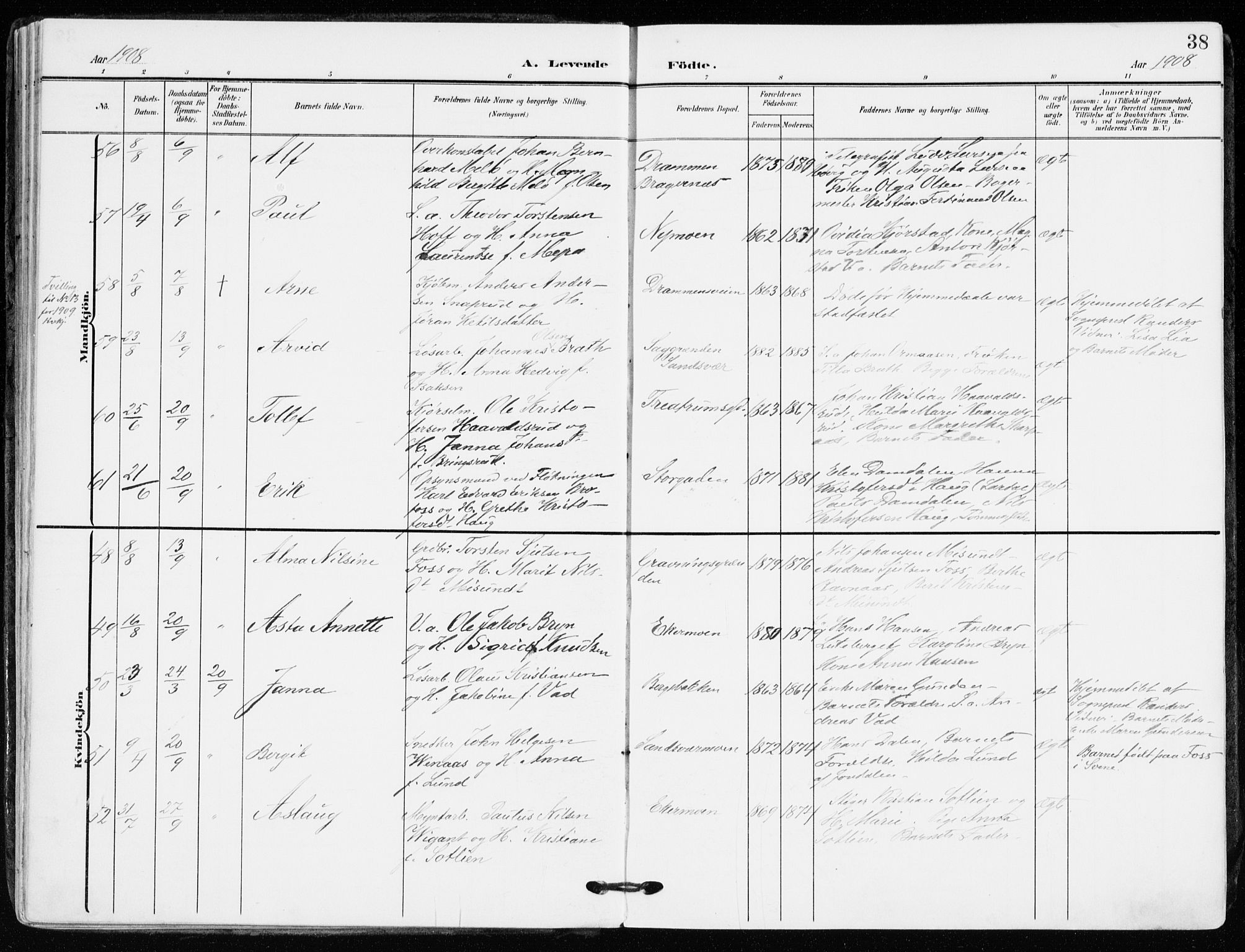 Kongsberg kirkebøker, AV/SAKO-A-22/F/Fb/L0004: Ministerialbok nr. II 4, 1906-1918, s. 38