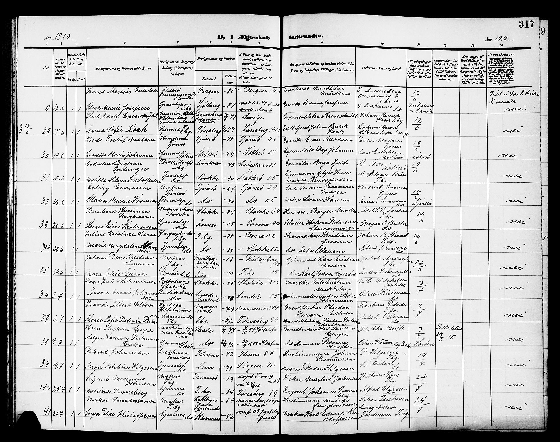 Tønsberg kirkebøker, AV/SAKO-A-330/G/Ga/L0008: Klokkerbok nr. 8, 1905-1912, s. 317