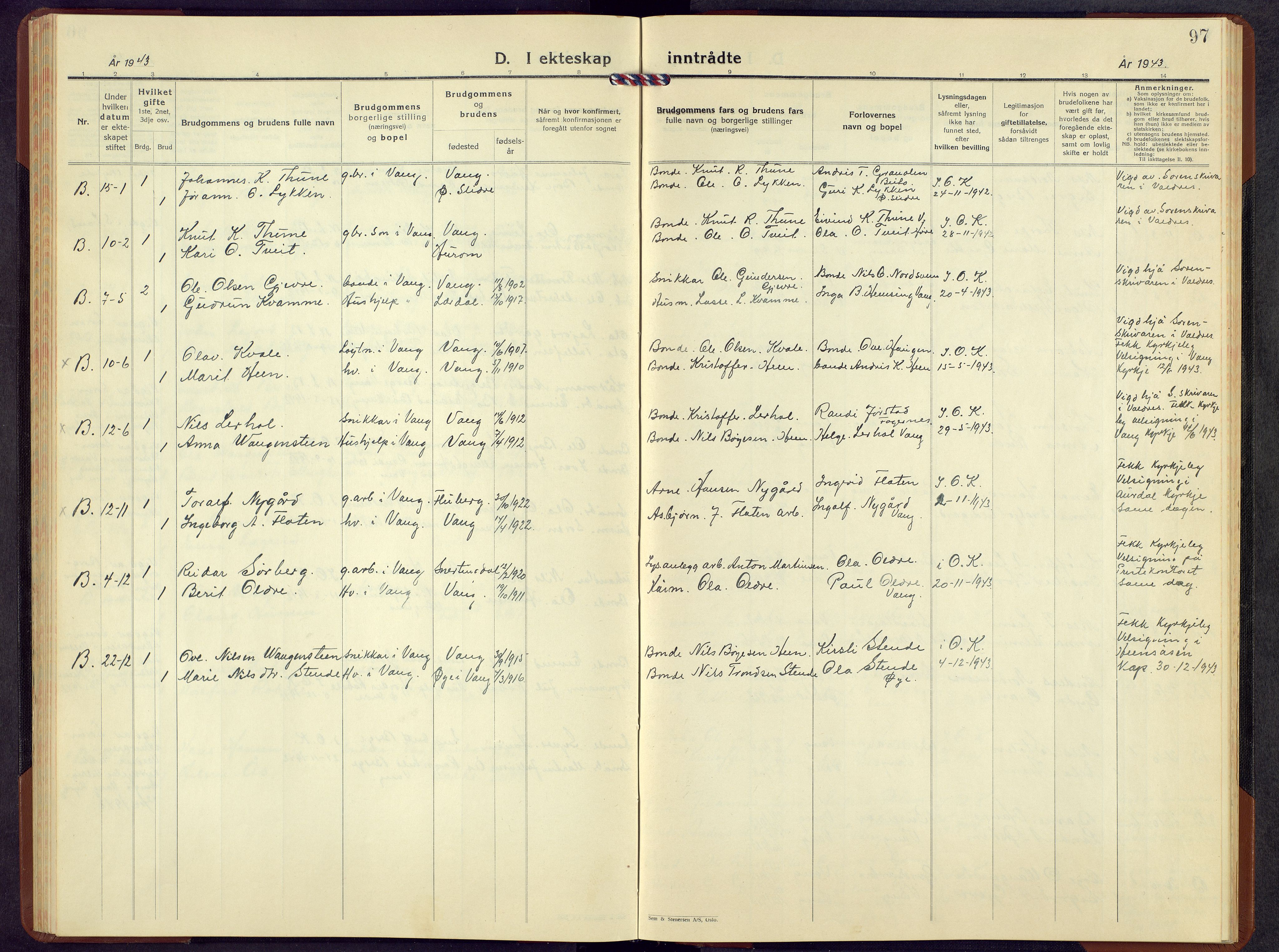 Vang prestekontor, Valdres, AV/SAH-PREST-140/H/Hb/L0009: Klokkerbok nr. 9, 1937-1956, s. 97