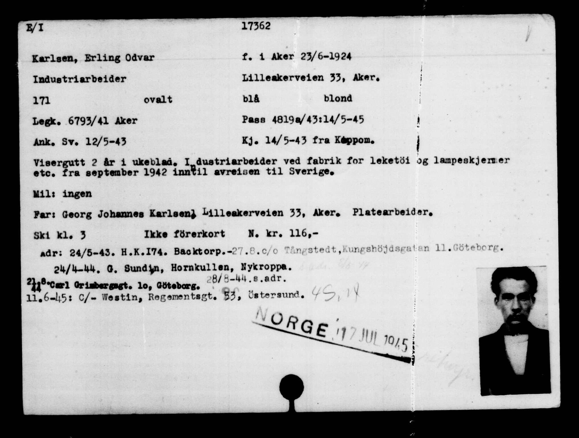 Utenriksstasjonene, Legasjonen i Stockholm, Flyktningkontoret, AV/RA-S-6753/V/Va/L0008: Kjesäterkartoteket, flyktninger med registreringsnr. 15700-18547, 1940-1945, s. 1834