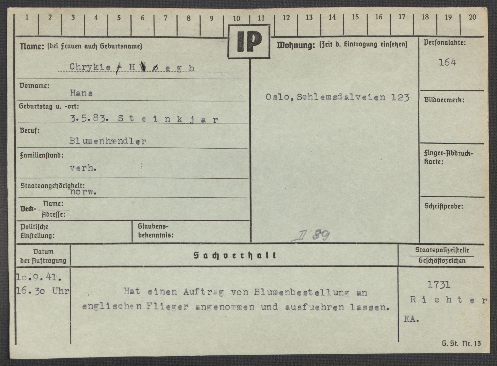 Befehlshaber der Sicherheitspolizei und des SD, RA/RAFA-5969/E/Ea/Eaa/L0005: Register over norske fanger i Møllergata 19: Hø-Kj, 1940-1945, s. 4
