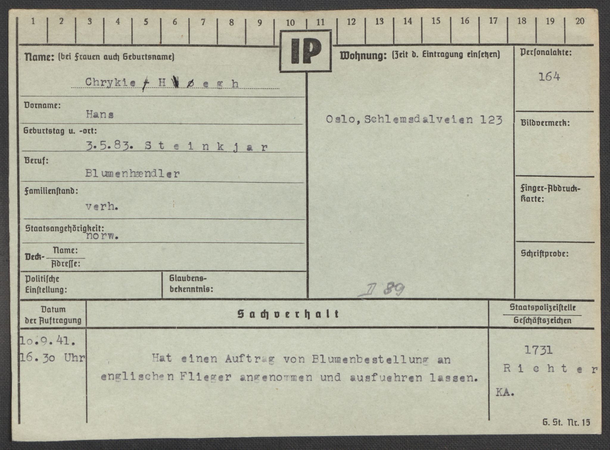 Befehlshaber der Sicherheitspolizei und des SD, AV/RA-RAFA-5969/E/Ea/Eaa/L0005: Register over norske fanger i Møllergata 19: Hø-Kj, 1940-1945, s. 4