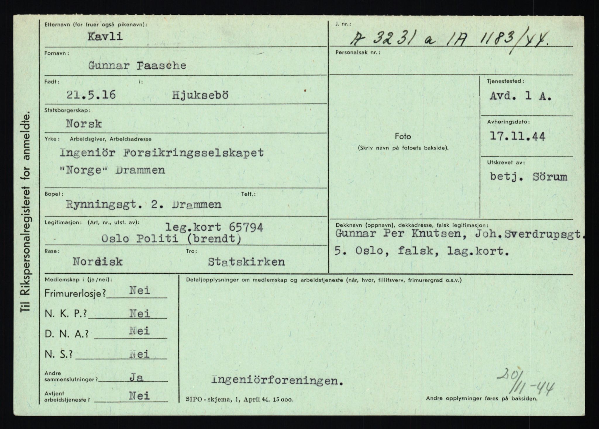 Statspolitiet - Hovedkontoret / Osloavdelingen, AV/RA-S-1329/C/Ca/L0008: Johan(nes)sen - Knoph, 1943-1945, s. 3927