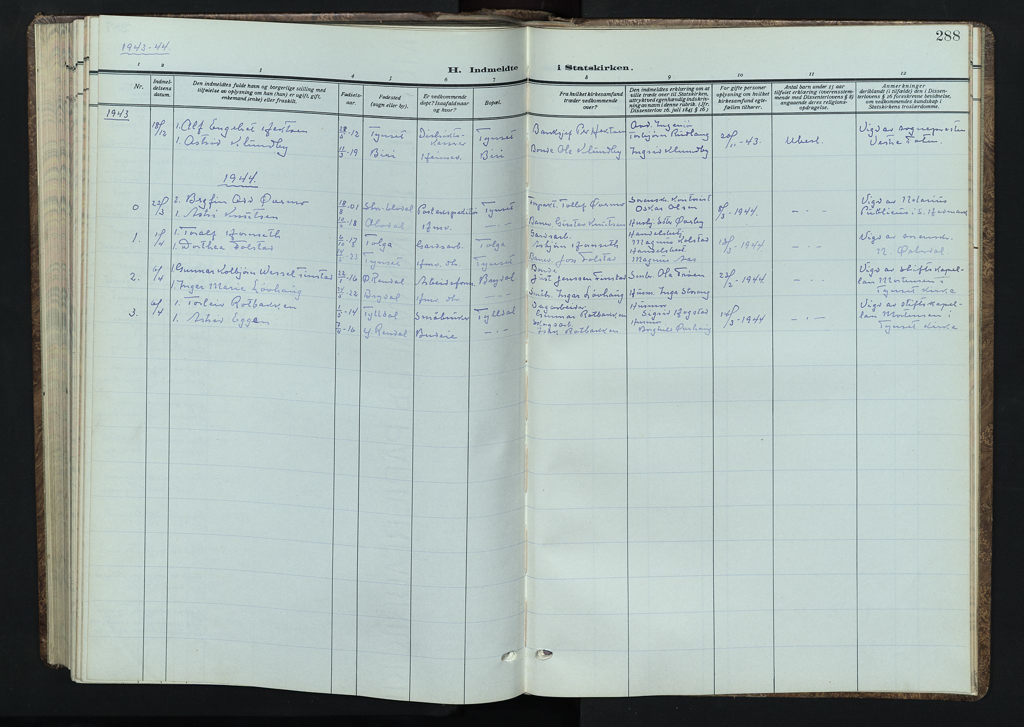 Tynset prestekontor, SAH/PREST-058/H/Ha/Hab/L0012: Klokkerbok nr. 12, 1930-1944, s. 288