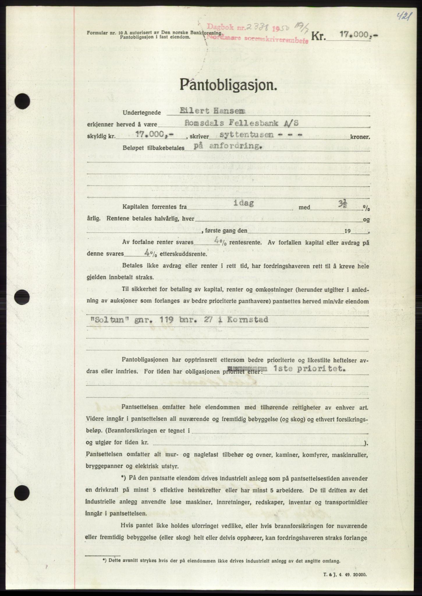 Nordmøre sorenskriveri, AV/SAT-A-4132/1/2/2Ca: Pantebok nr. B105, 1950-1950, Dagboknr: 2338/1950