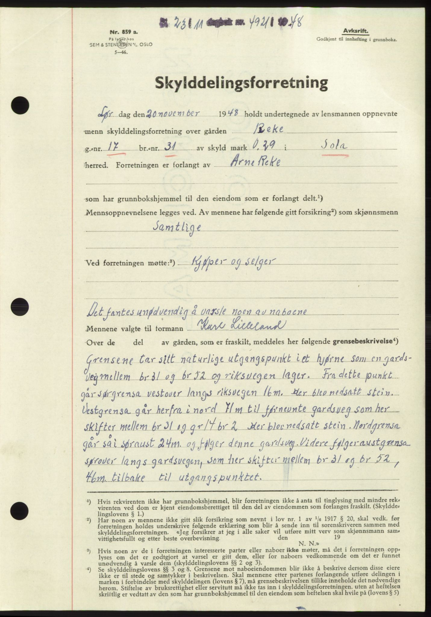 Jæren sorenskriveri, SAST/A-100310/03/G/Gba/L0100: Pantebok, 1948-1948, Dagboknr: 4921/1948