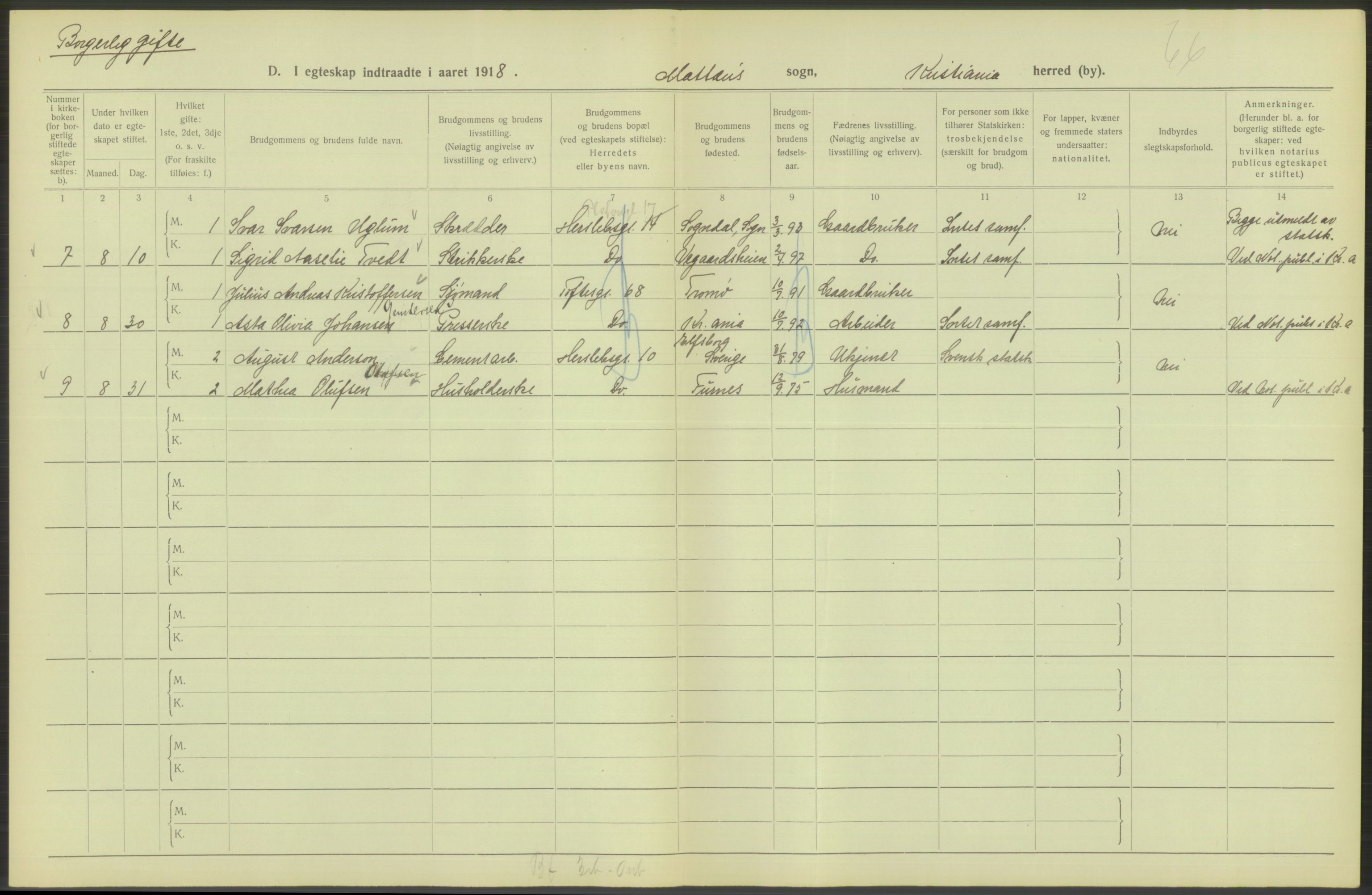 Statistisk sentralbyrå, Sosiodemografiske emner, Befolkning, AV/RA-S-2228/D/Df/Dfb/Dfbh/L0009: Kristiania: Gifte, 1918, s. 548