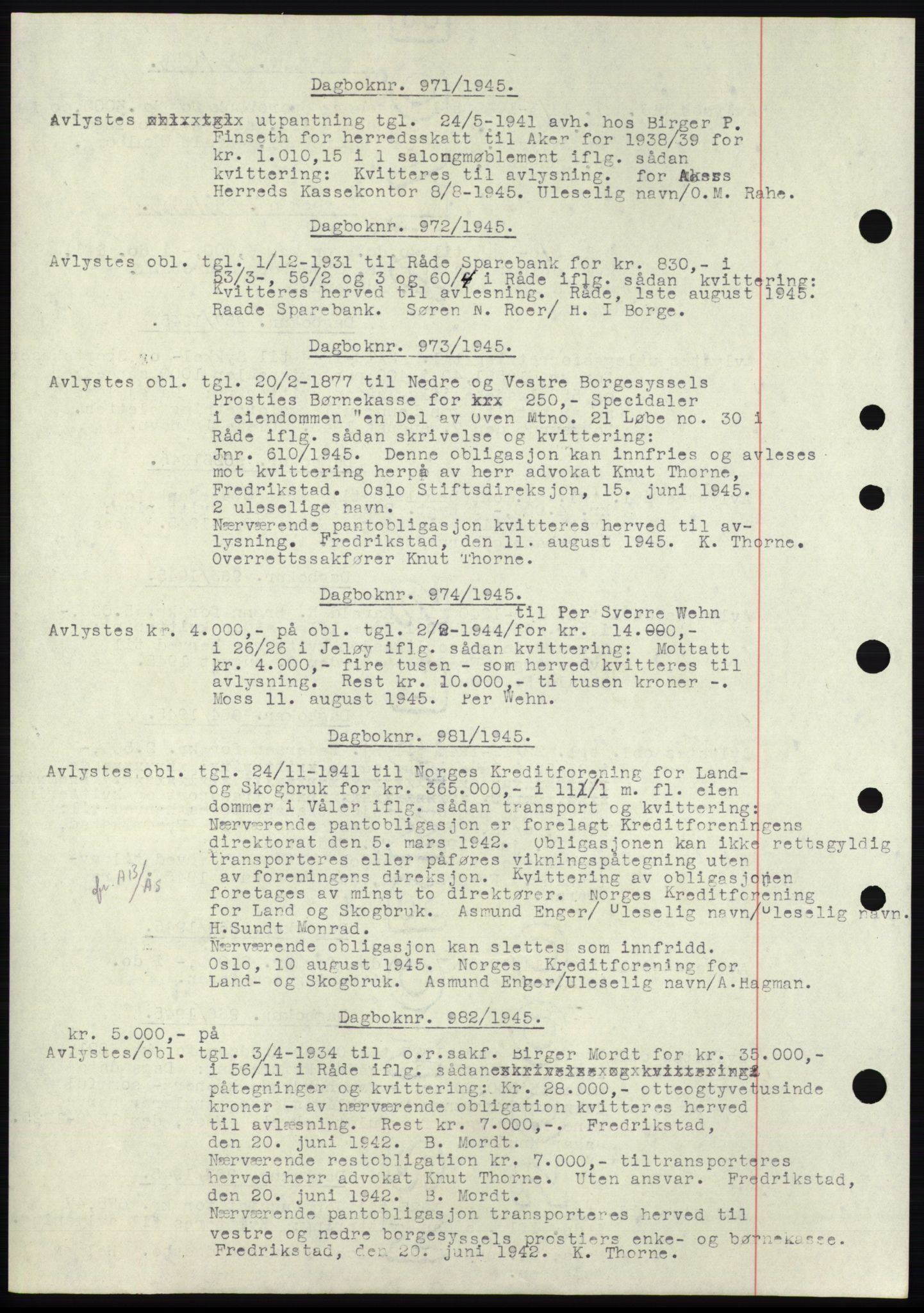 Moss sorenskriveri, SAO/A-10168: Pantebok nr. C10, 1938-1950, Dagboknr: 971/1945