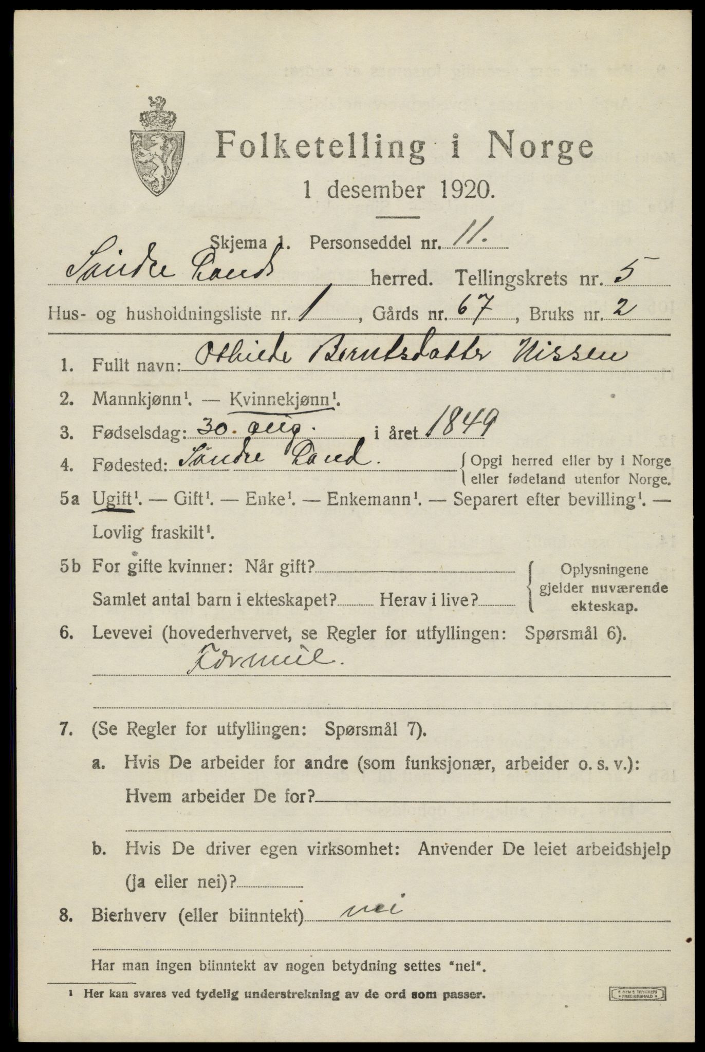 SAH, Folketelling 1920 for 0536 Søndre Land herred, 1920, s. 5017