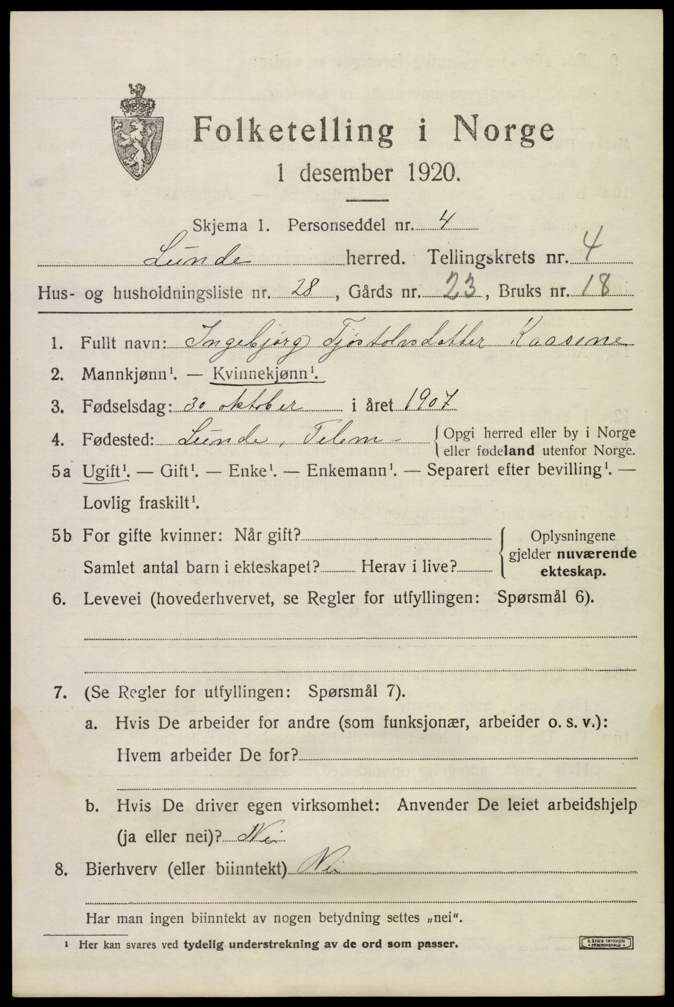 SAKO, Folketelling 1920 for 0820 Lunde herred, 1920, s. 3209