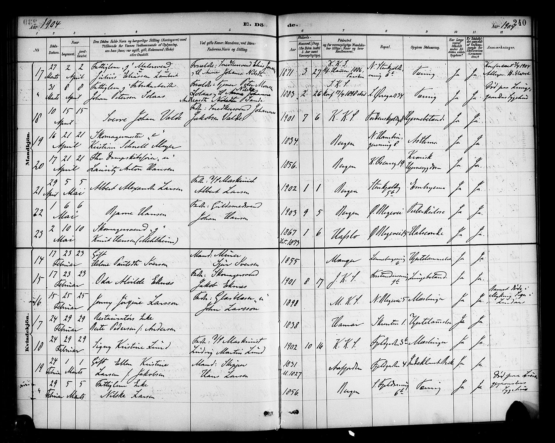 Korskirken sokneprestembete, AV/SAB-A-76101/H/Haa/L0047: Ministerialbok nr. E 5, 1884-1910, s. 240