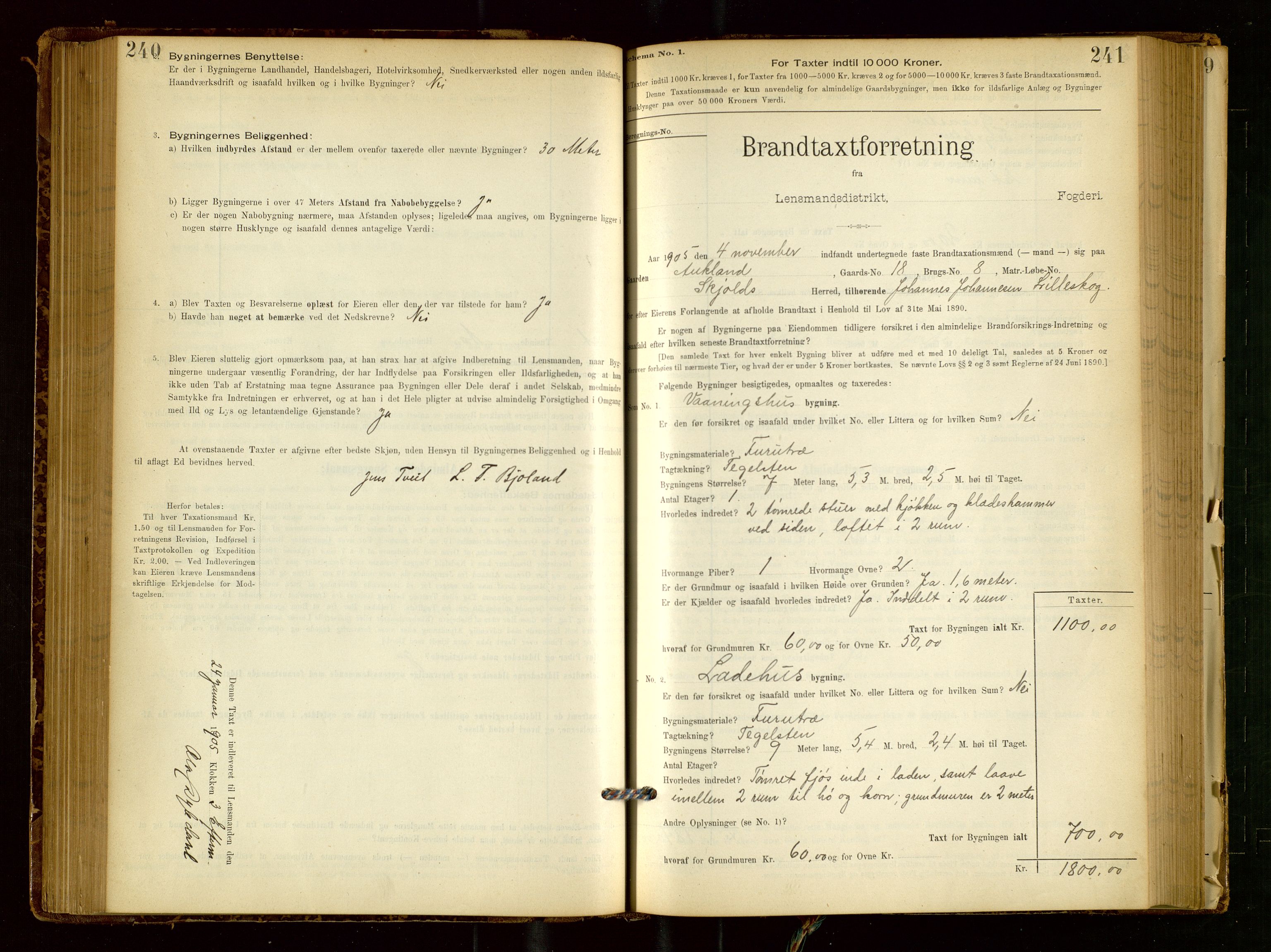 Skjold lensmannskontor, SAST/A-100182/Gob/L0001: "Brandtaxationsprotokol for Skjold Lensmandsdistrikt Ryfylke Fogderi", 1894-1939, s. 240-241