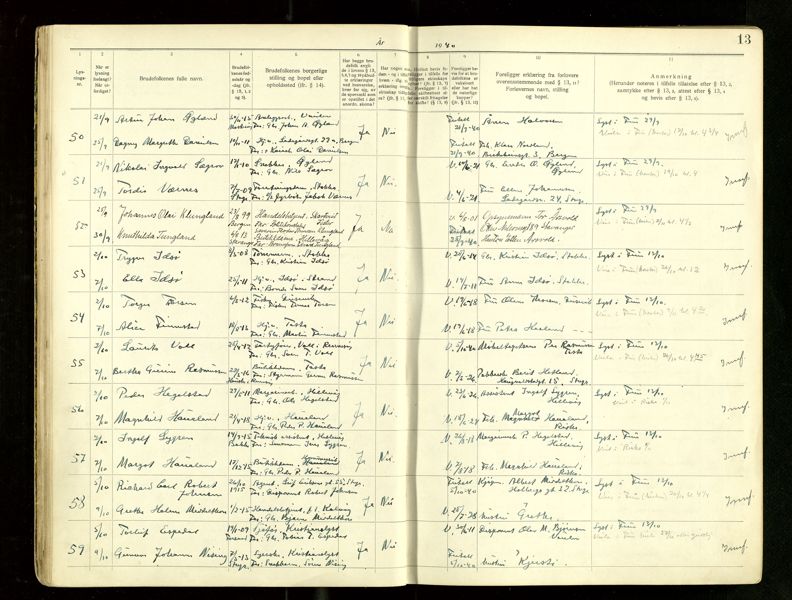 Hetland sokneprestkontor, AV/SAST-A-101826/70/705BA/L0007: Lysningsprotokoll nr. 7, 1939-1951, s. 13