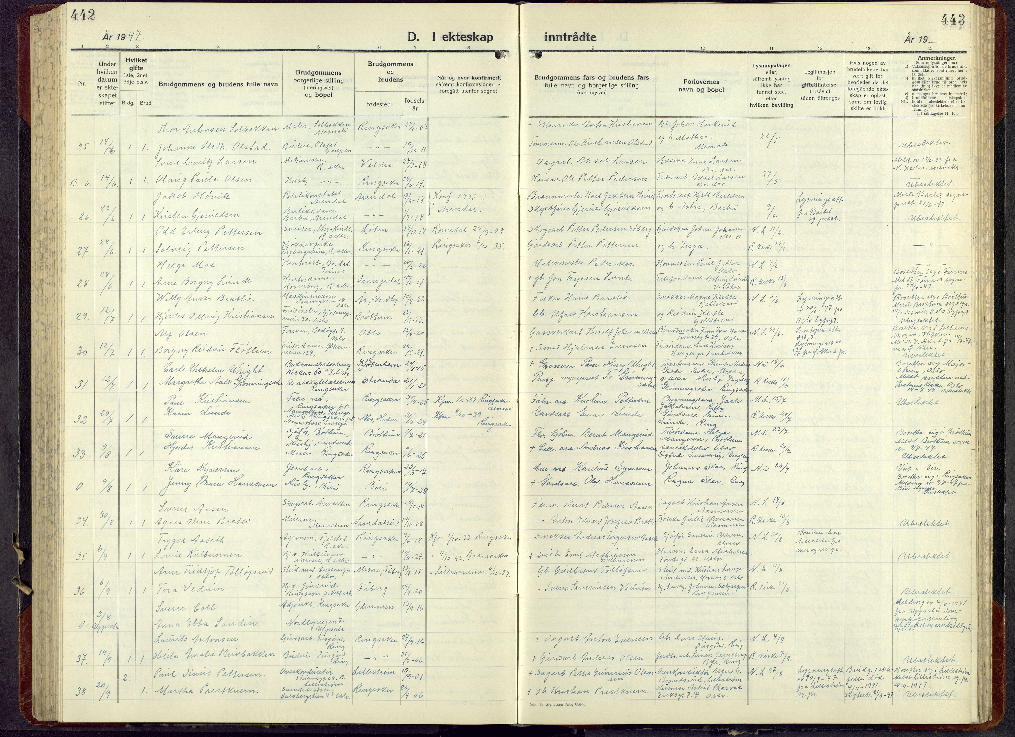 Ringsaker prestekontor, AV/SAH-PREST-014/L/La/L0021: Klokkerbok nr. 21, 1947-1956, s. 443