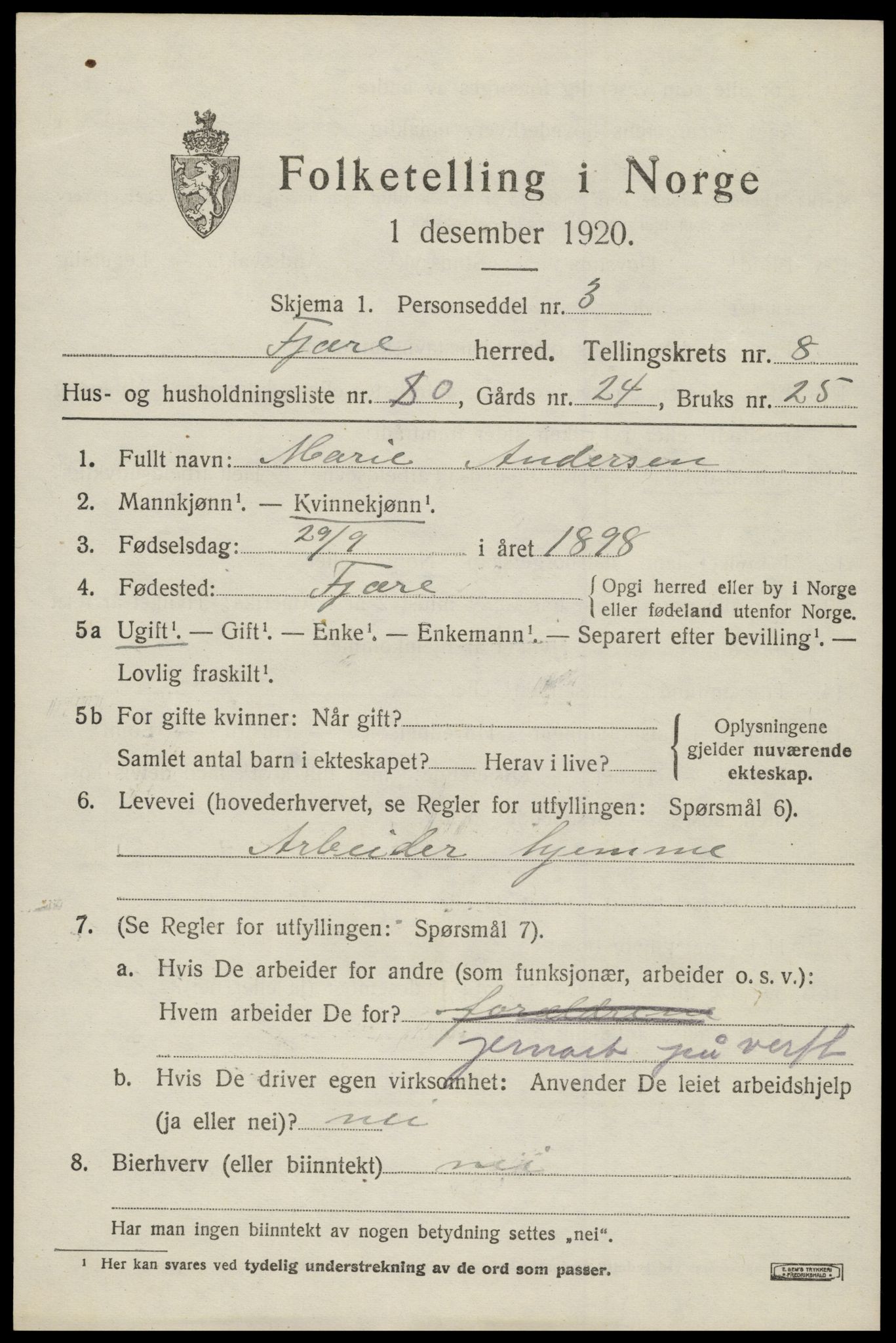 SAK, Folketelling 1920 for 0923 Fjære herred, 1920, s. 11079