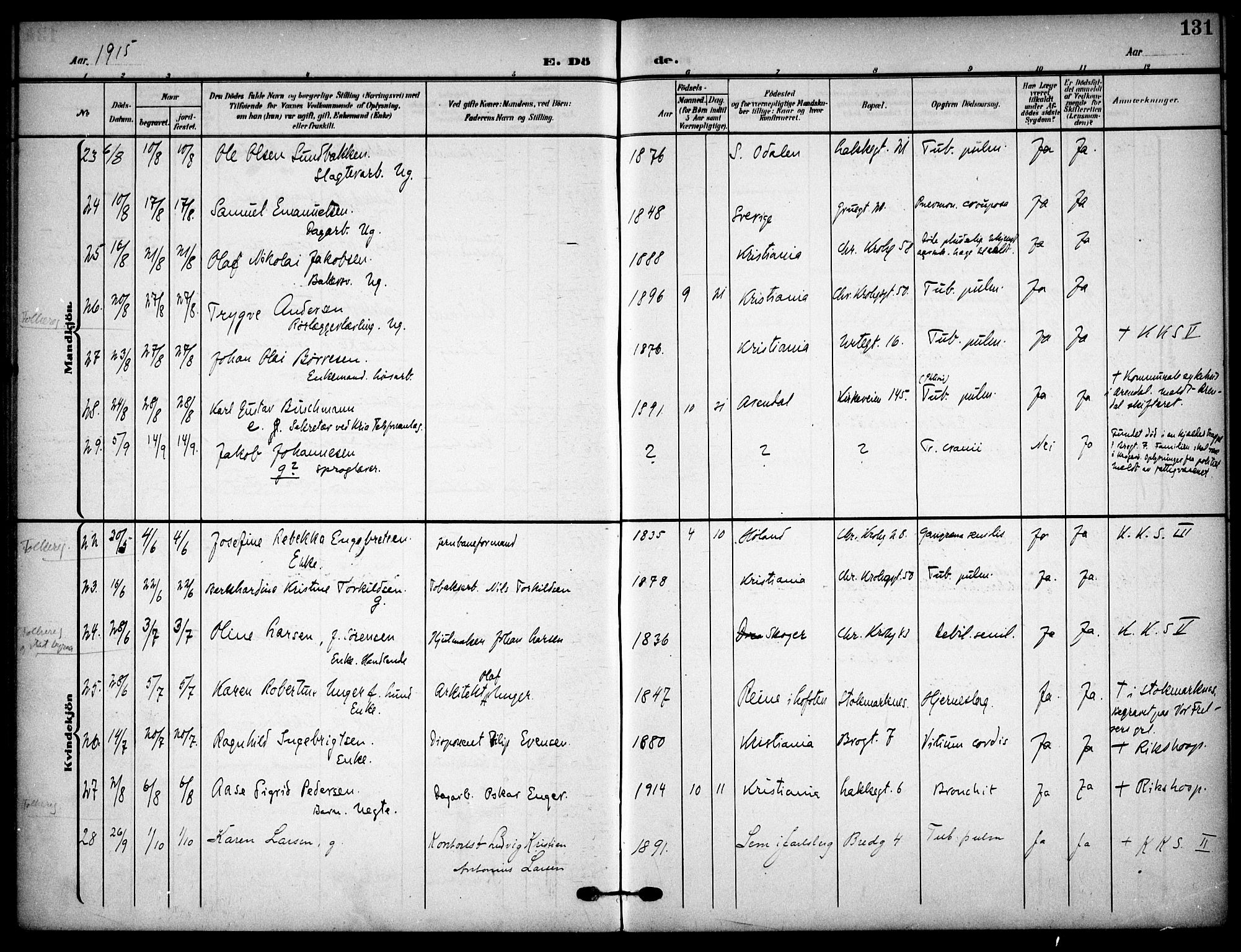 Vaterland prestekontor Kirkebøker, AV/SAO-A-10880/F/Fa/L0002: Ministerialbok nr. 2, 1907-1921, s. 131