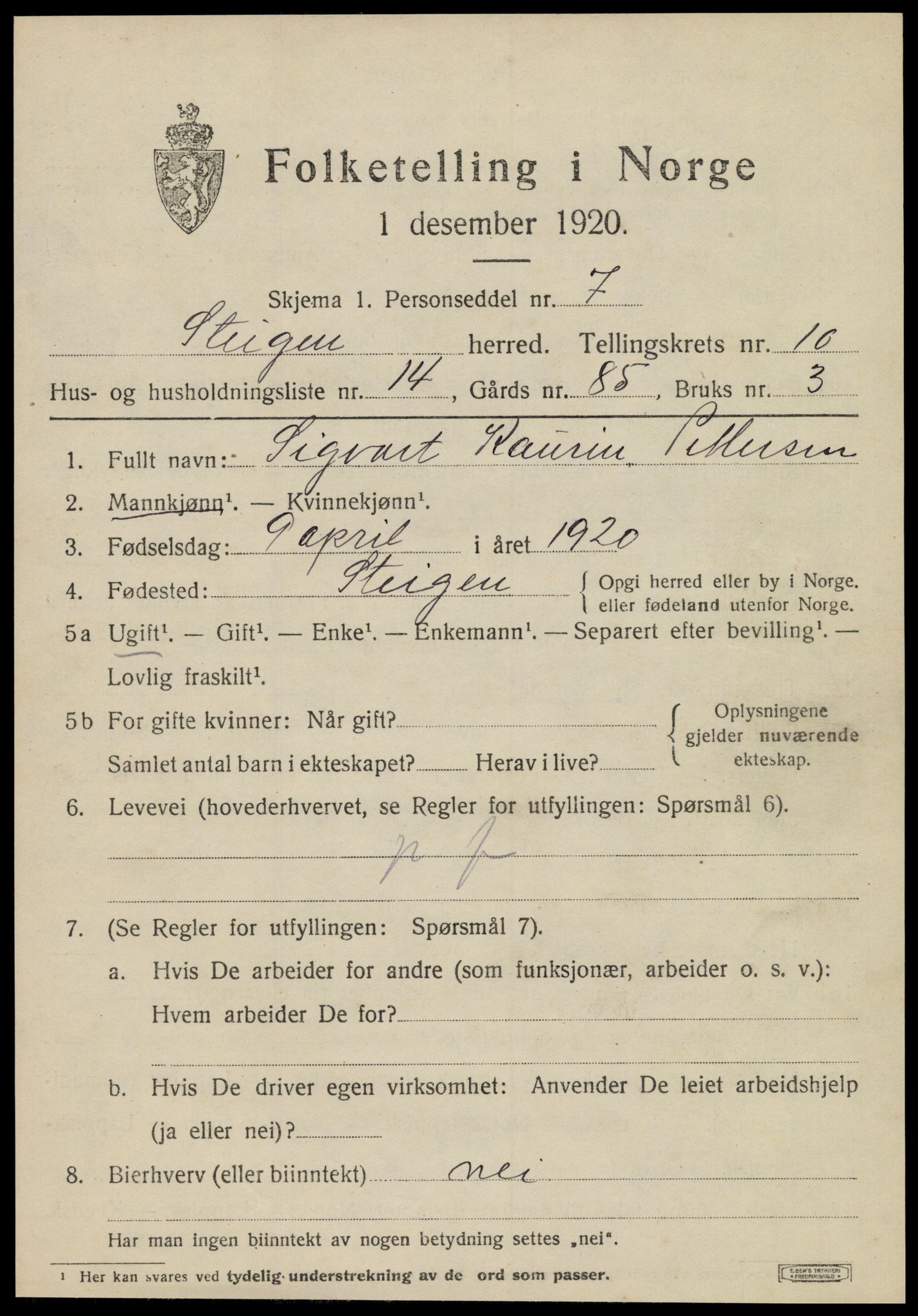 SAT, Folketelling 1920 for 1848 Steigen herred, 1920, s. 4268