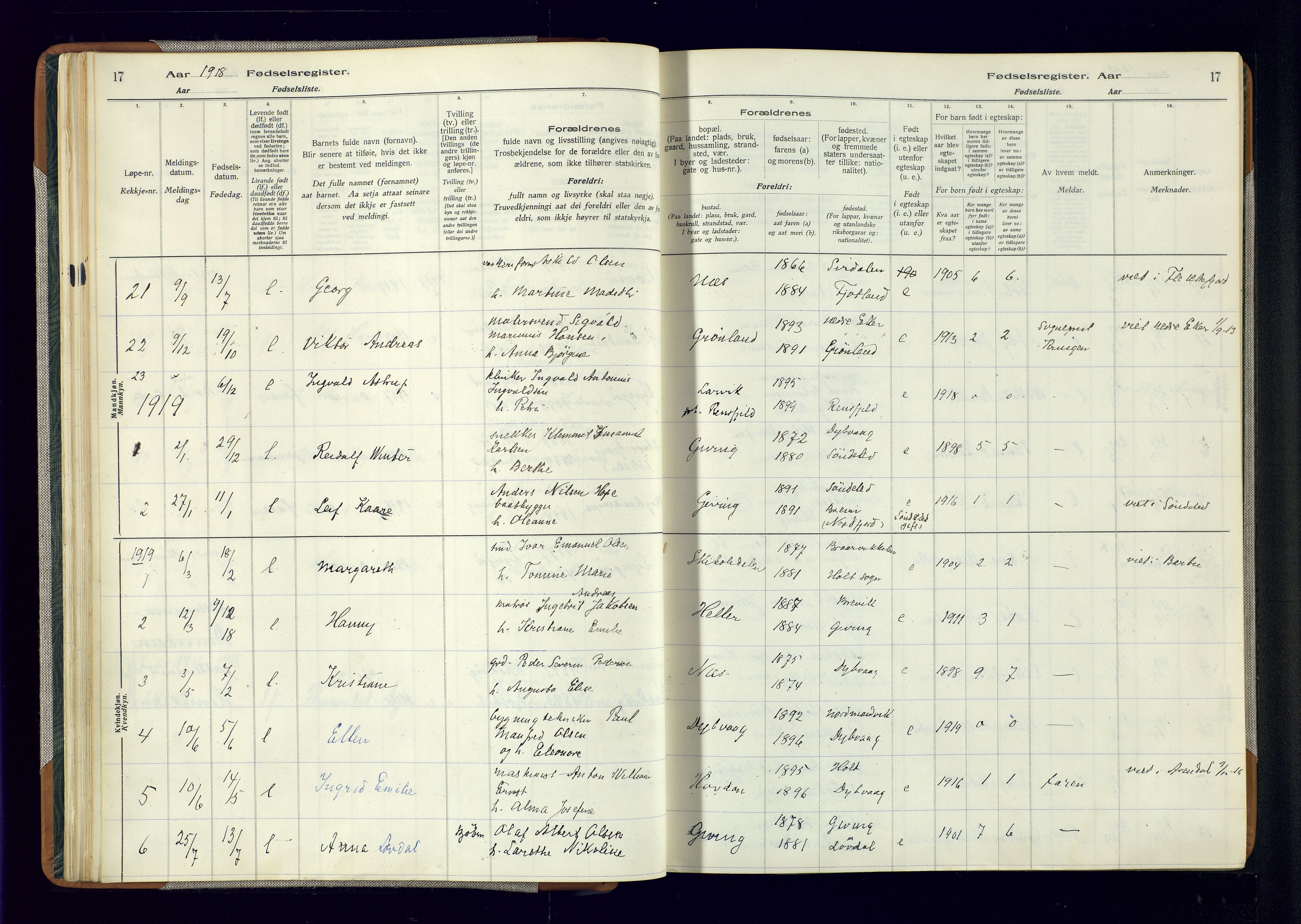 Dypvåg sokneprestkontor, AV/SAK-1111-0007/J/Ja/L0001: Fødselsregister nr. II.4.3, 1916-1975, s. 17