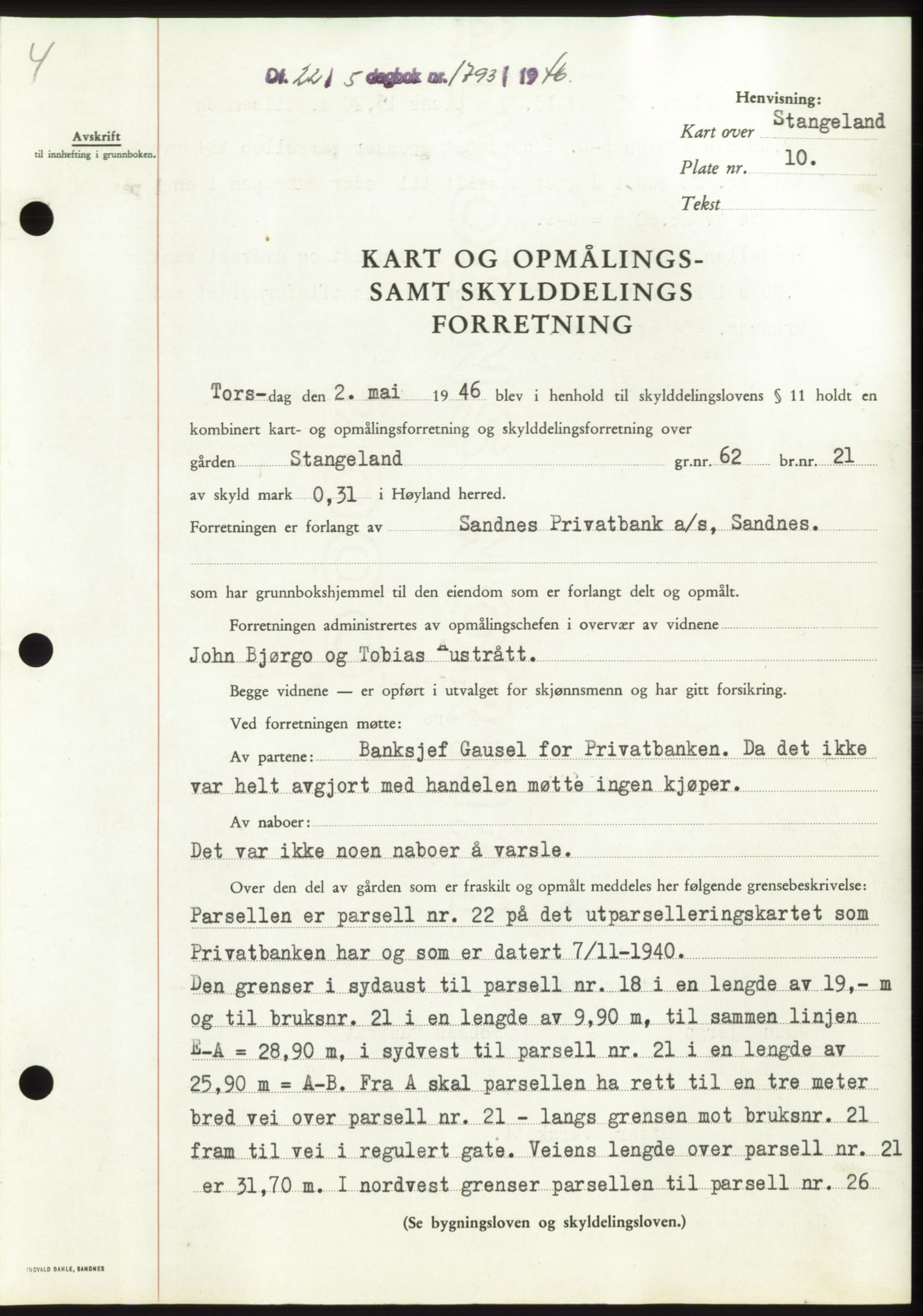 Jæren sorenskriveri, SAST/A-100310/03/G/Gba/L0090: Pantebok, 1946-1946, Dagboknr: 1793/1946