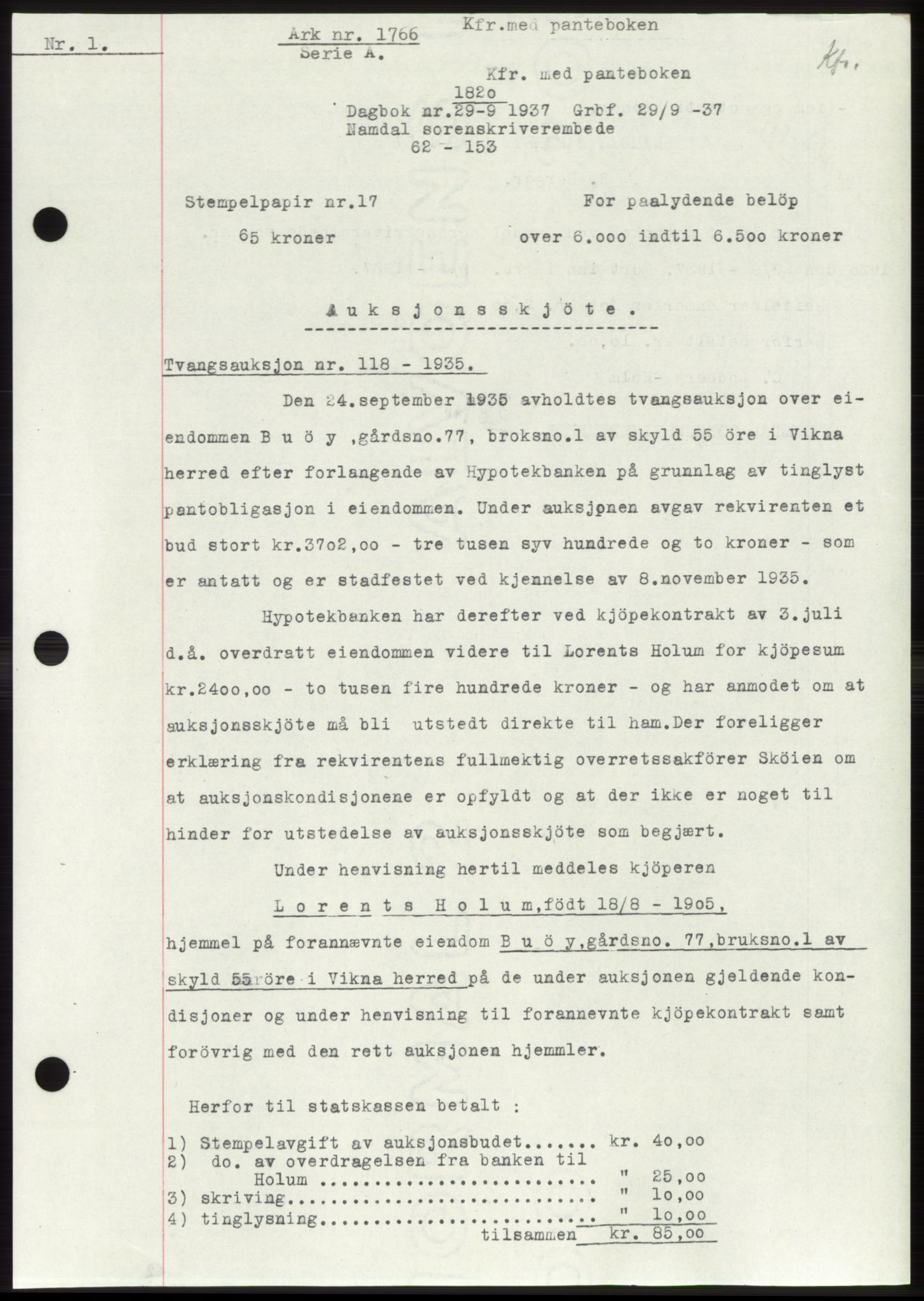 Namdal sorenskriveri, SAT/A-4133/1/2/2C: Pantebok nr. -, 1937-1939, Tingl.dato: 29.09.1937