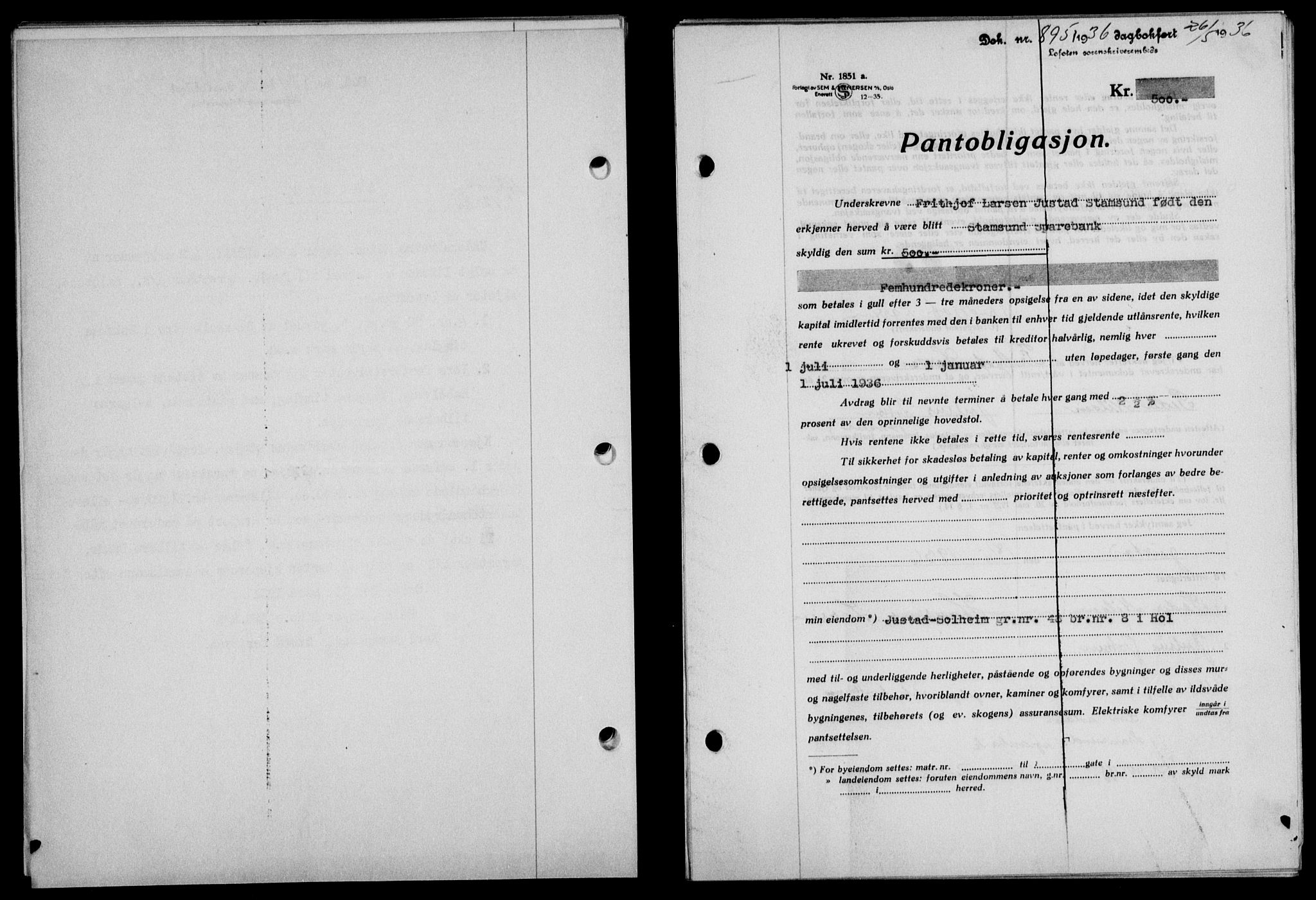 Lofoten sorenskriveri, SAT/A-0017/1/2/2C/L0033b: Pantebok nr. 33b, 1936-1936, Dagboknr: 895/1936