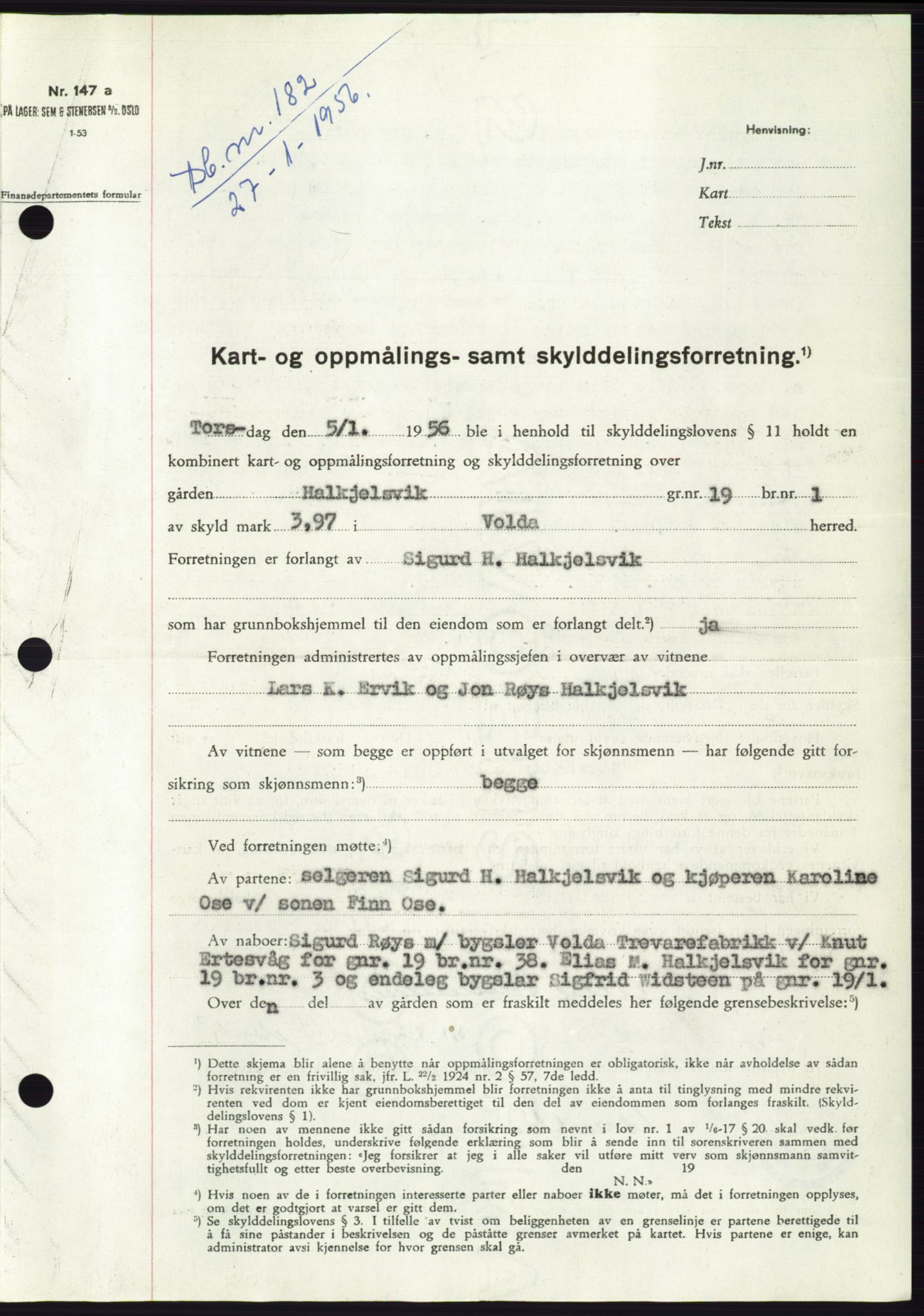Søre Sunnmøre sorenskriveri, SAT/A-4122/1/2/2C/L0102: Pantebok nr. 28A, 1955-1956, Dagboknr: 182/1956