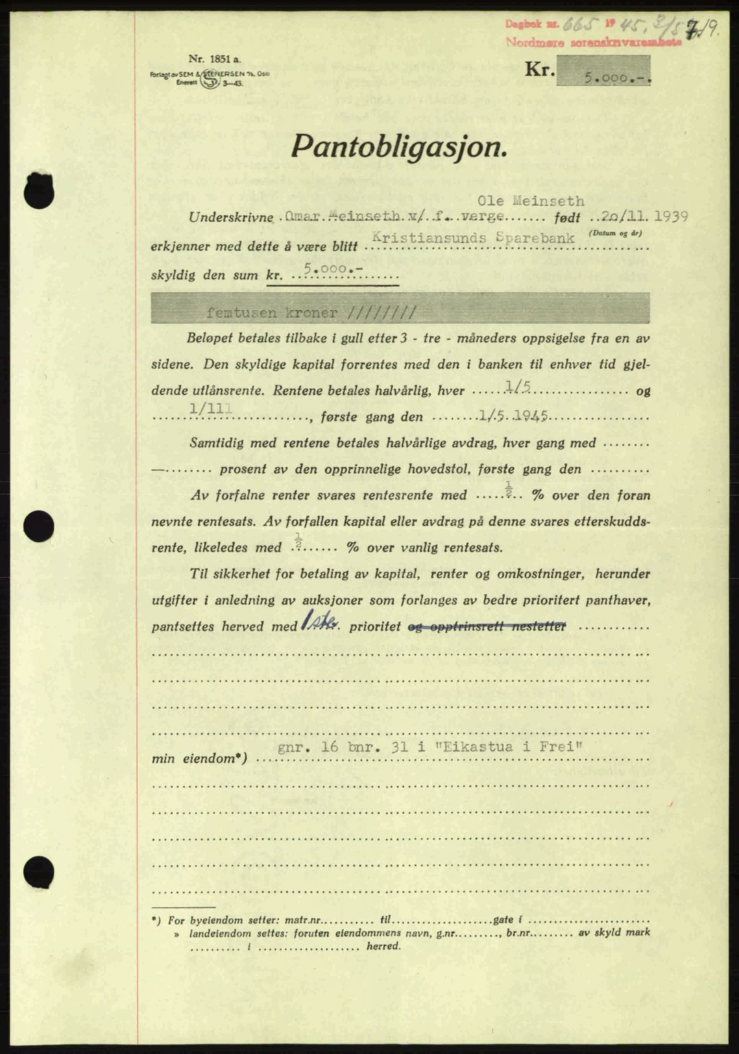 Nordmøre sorenskriveri, AV/SAT-A-4132/1/2/2Ca: Pantebok nr. B92, 1944-1945, Dagboknr: 665/1945