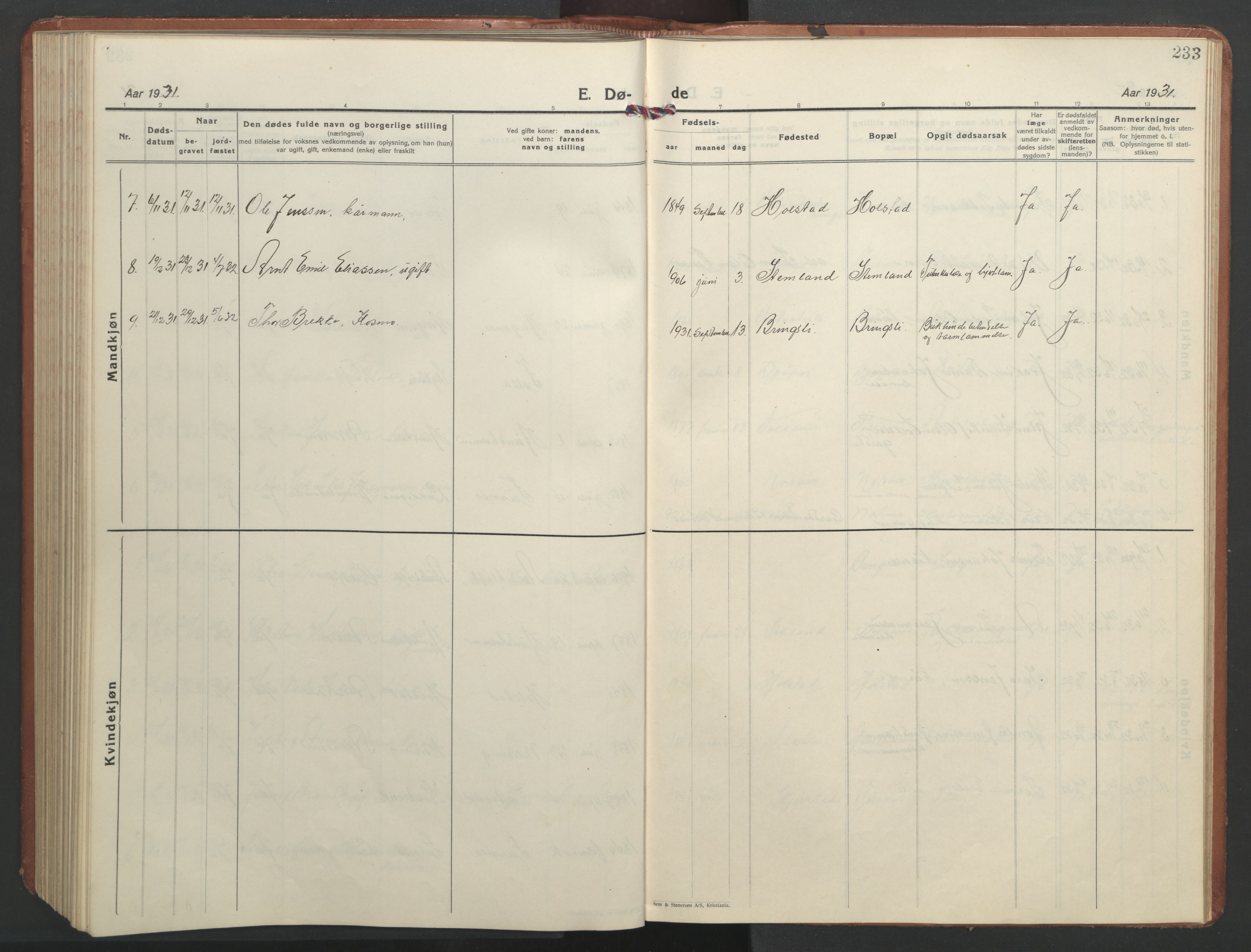 Ministerialprotokoller, klokkerbøker og fødselsregistre - Nordland, AV/SAT-A-1459/851/L0727: Klokkerbok nr. 851C02, 1925-1948, s. 233