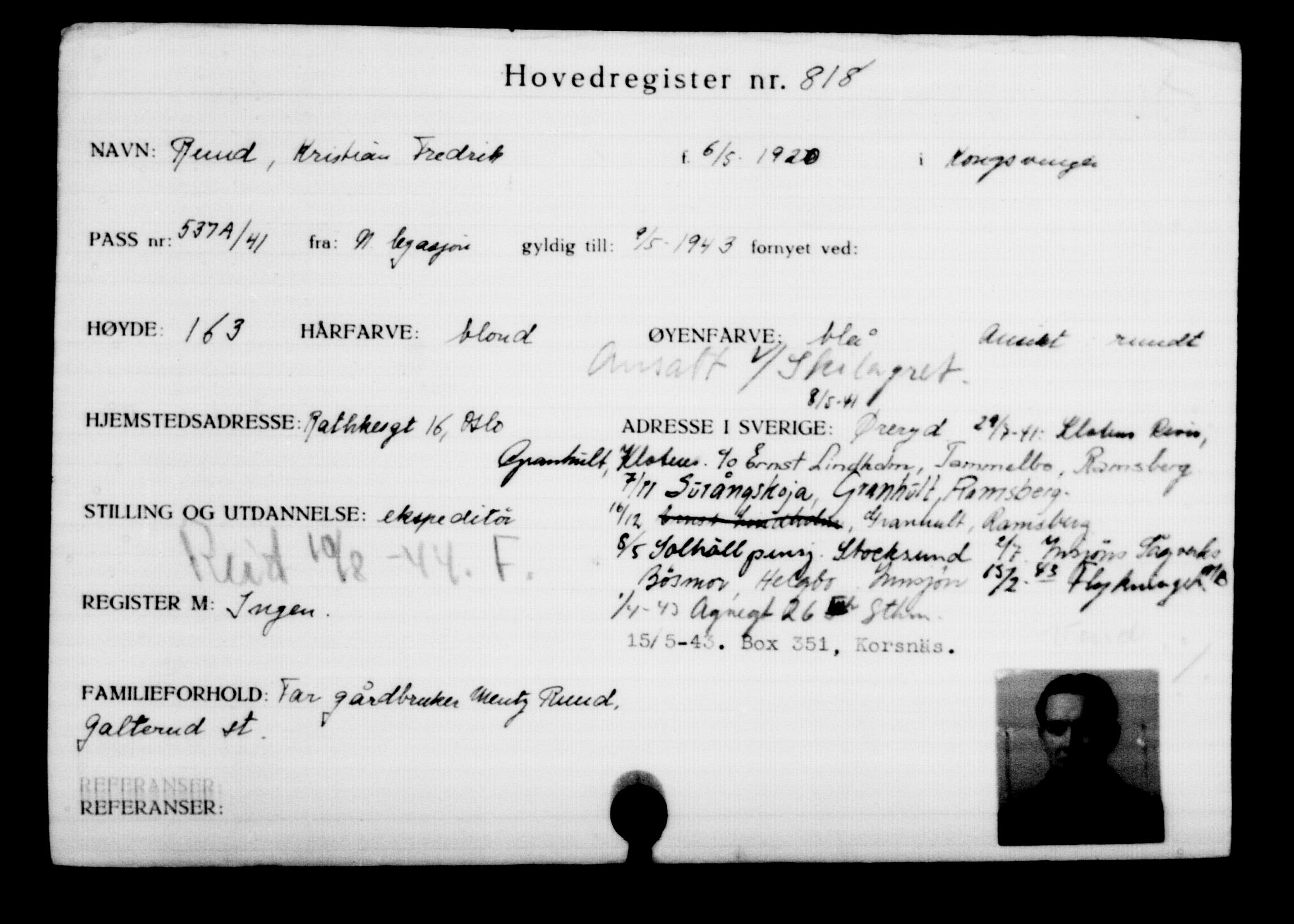 Utenriksstasjonene, Legasjonen i Stockholm, Flyktningkontoret, AV/RA-S-6753/V/Va/L0001: Kjesäterkartoteket, flyktninger med registreringsnr. 1-1000, 1940-1945, s. 1293