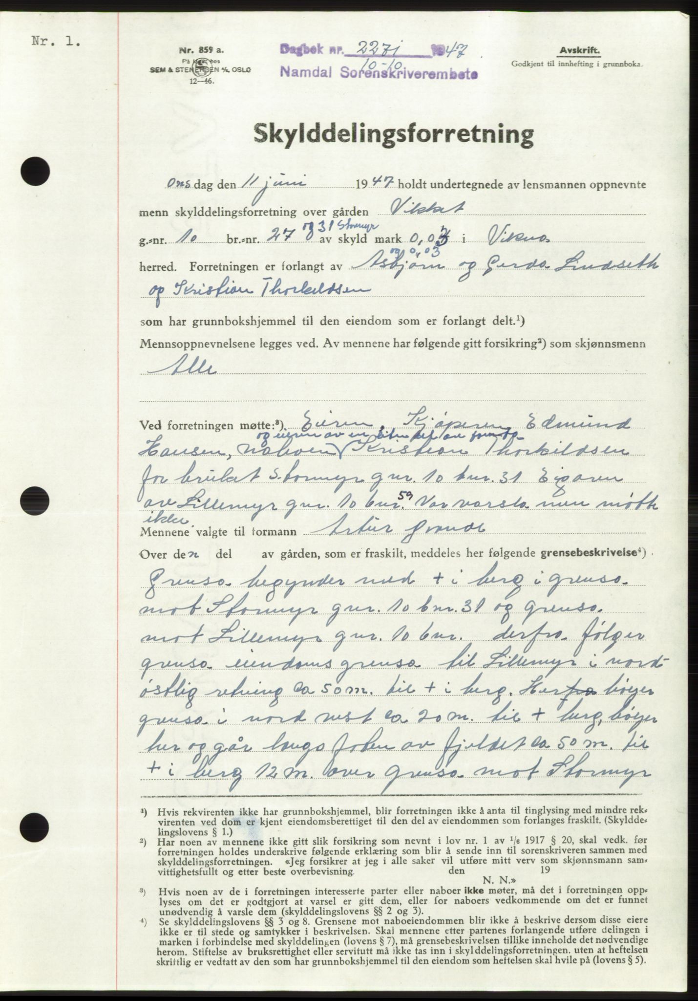 Namdal sorenskriveri, SAT/A-4133/1/2/2C: Pantebok nr. -, 1947-1947, Dagboknr: 2271/1947