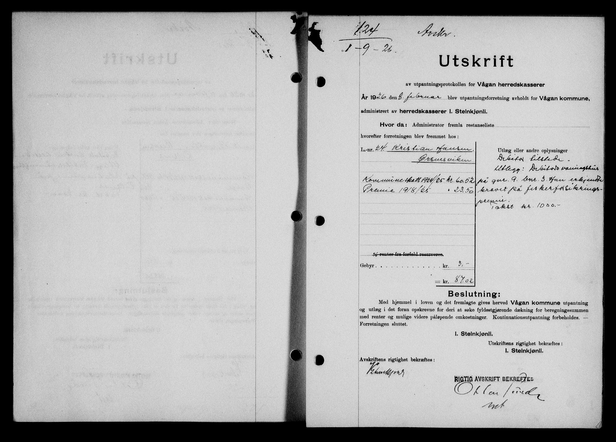 Lofoten sorenskriveri, SAT/A-0017/1/2/2C/L0014b: Pantebok nr. 14b, 1926-1926, Tingl.dato: 01.09.1926