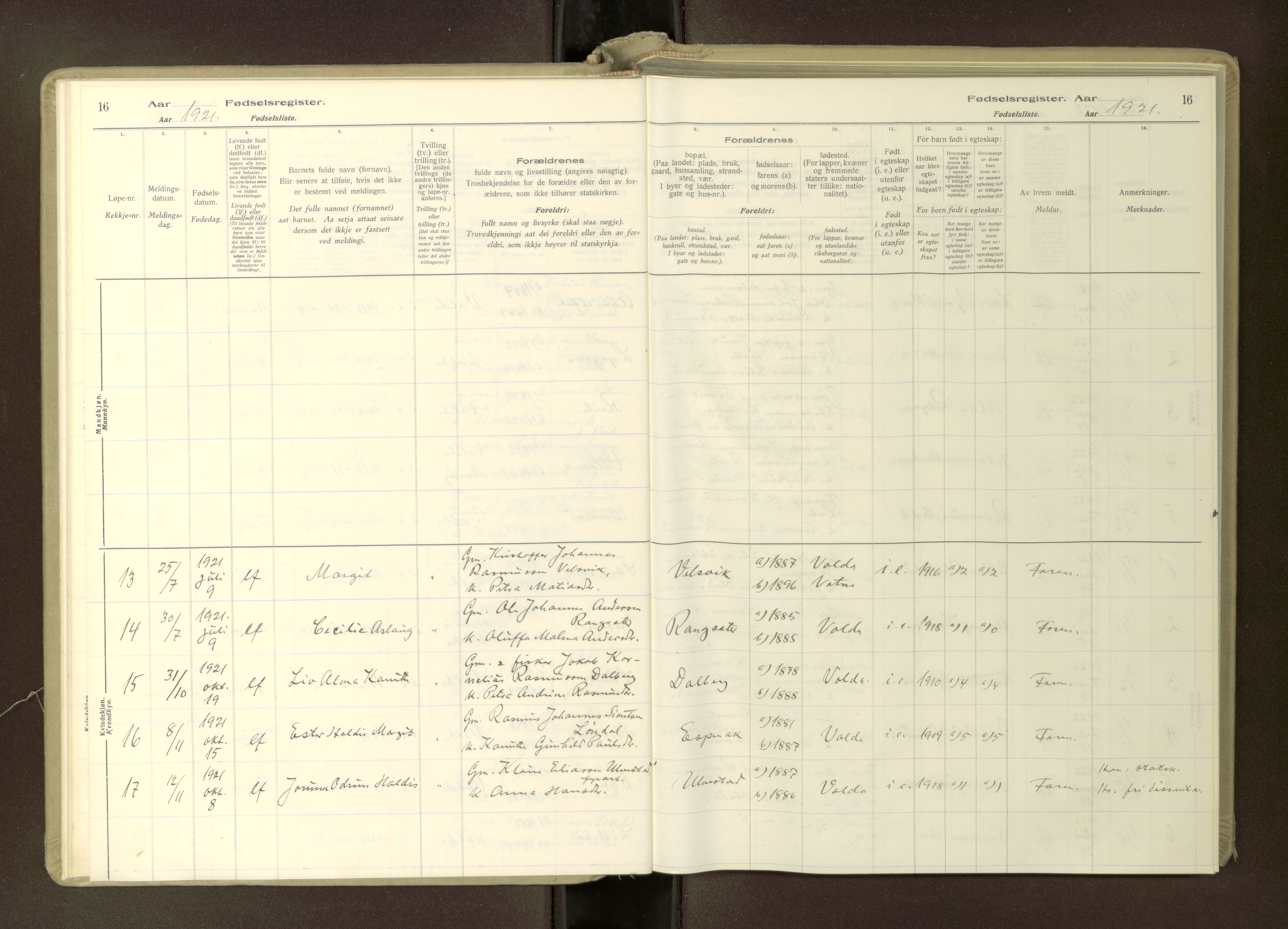 Ministerialprotokoller, klokkerbøker og fødselsregistre - Møre og Romsdal, AV/SAT-A-1454/512/L0173: Fødselsregister nr. 512---, 1916-1982, s. 16