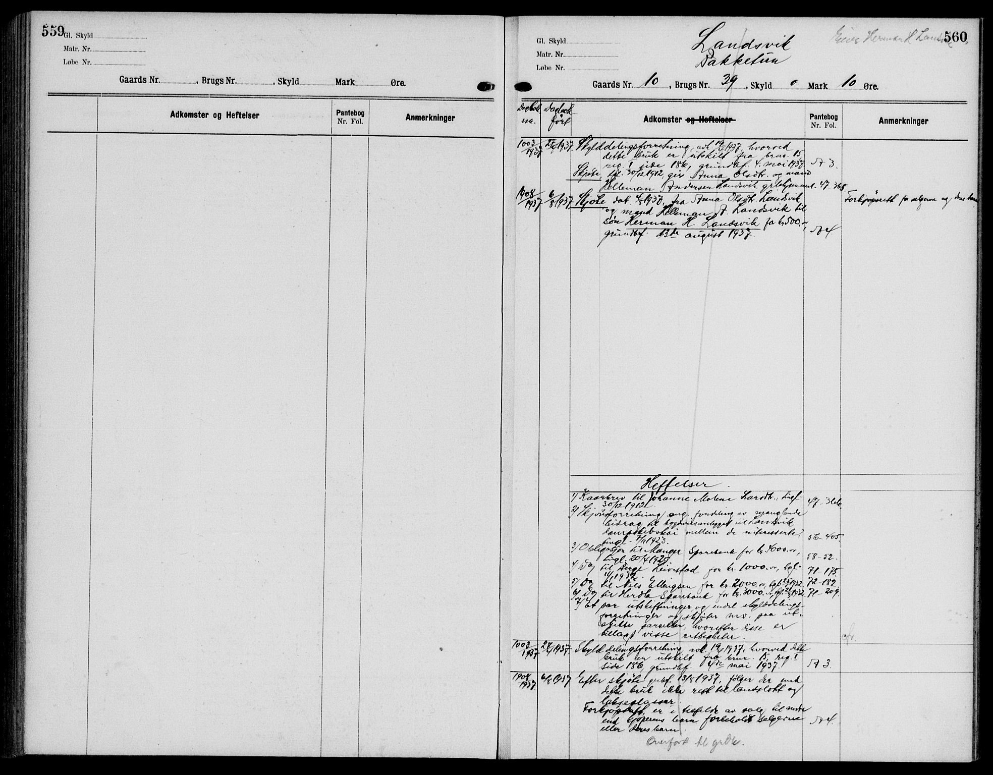 Nordhordland sorenskrivar, AV/SAB-A-2901/1/G/Ga/Gaaa/L0046: Panteregister nr. II.A.a.46, 1893-1952, s. 559-560