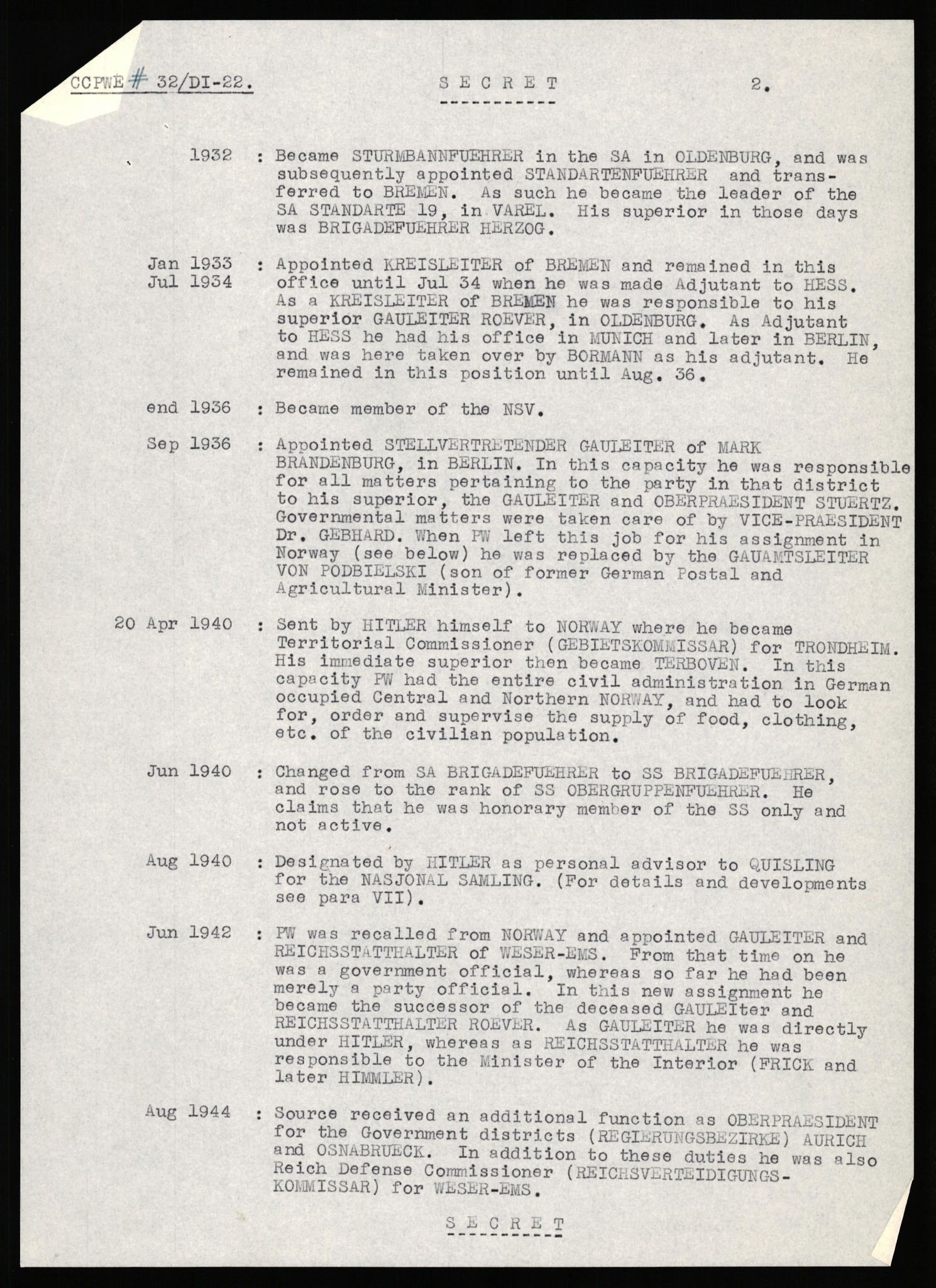 Forsvaret, Forsvarets overkommando II, AV/RA-RAFA-3915/D/Db/L0035: CI Questionaires. Tyske okkupasjonsstyrker i Norge. Tyskere., 1945-1946, s. 72