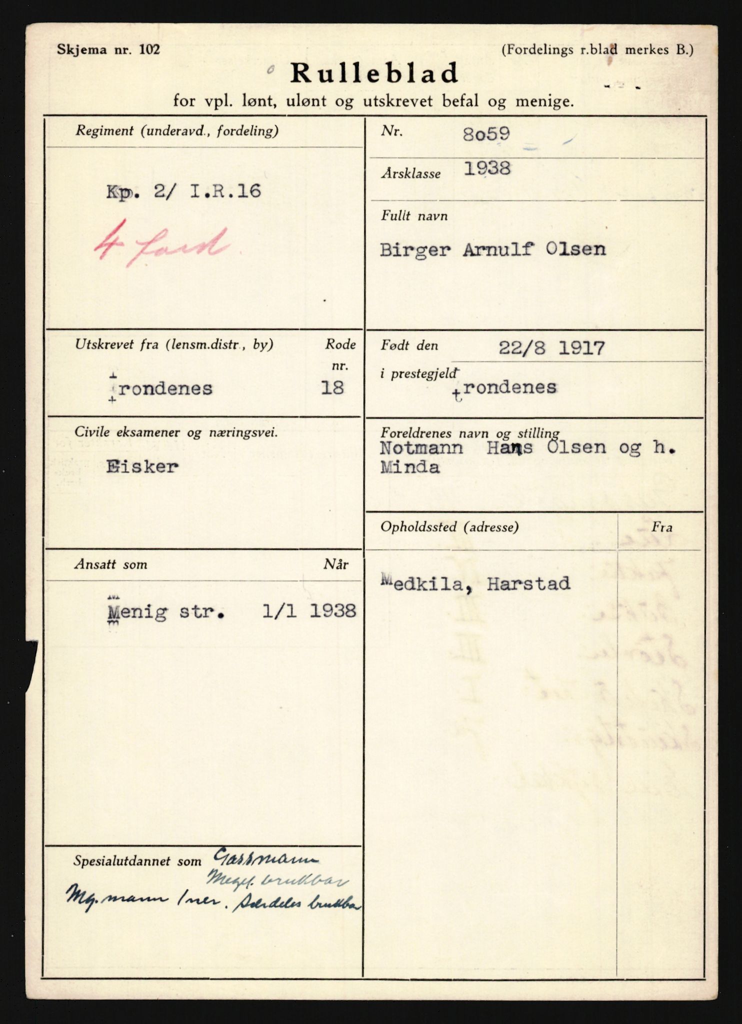 Forsvaret, Troms infanteriregiment nr. 16, AV/RA-RAFA-3146/P/Pa/L0022: Rulleblad for regimentets menige mannskaper, årsklasse 1938, 1938, s. 1223