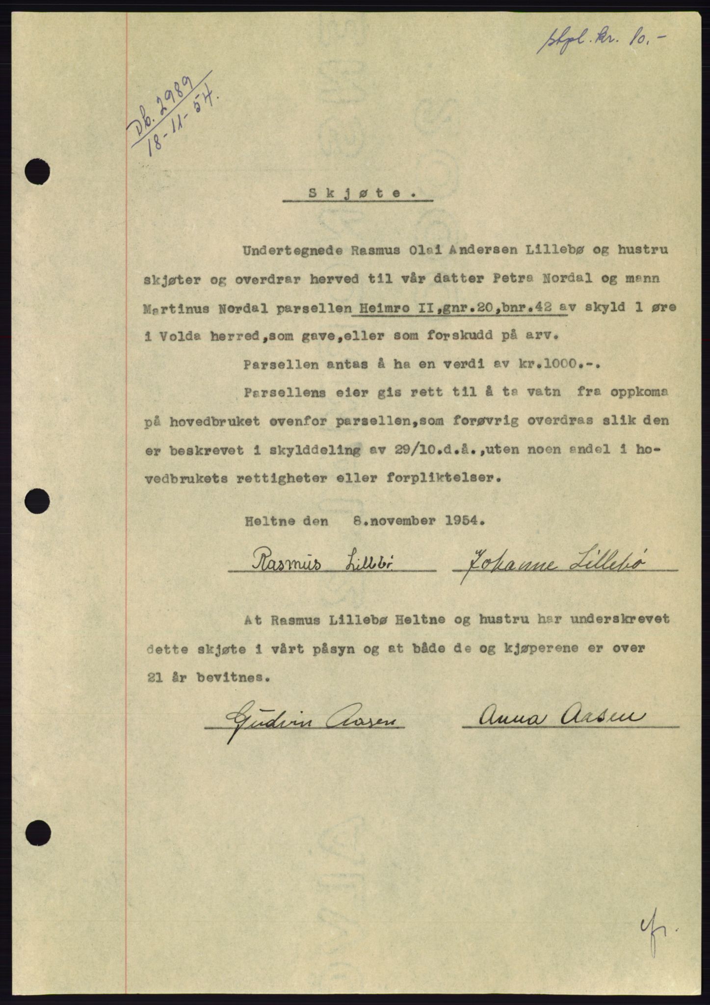 Søre Sunnmøre sorenskriveri, AV/SAT-A-4122/1/2/2C/L0099: Pantebok nr. 25A, 1954-1954, Dagboknr: 2989/1954