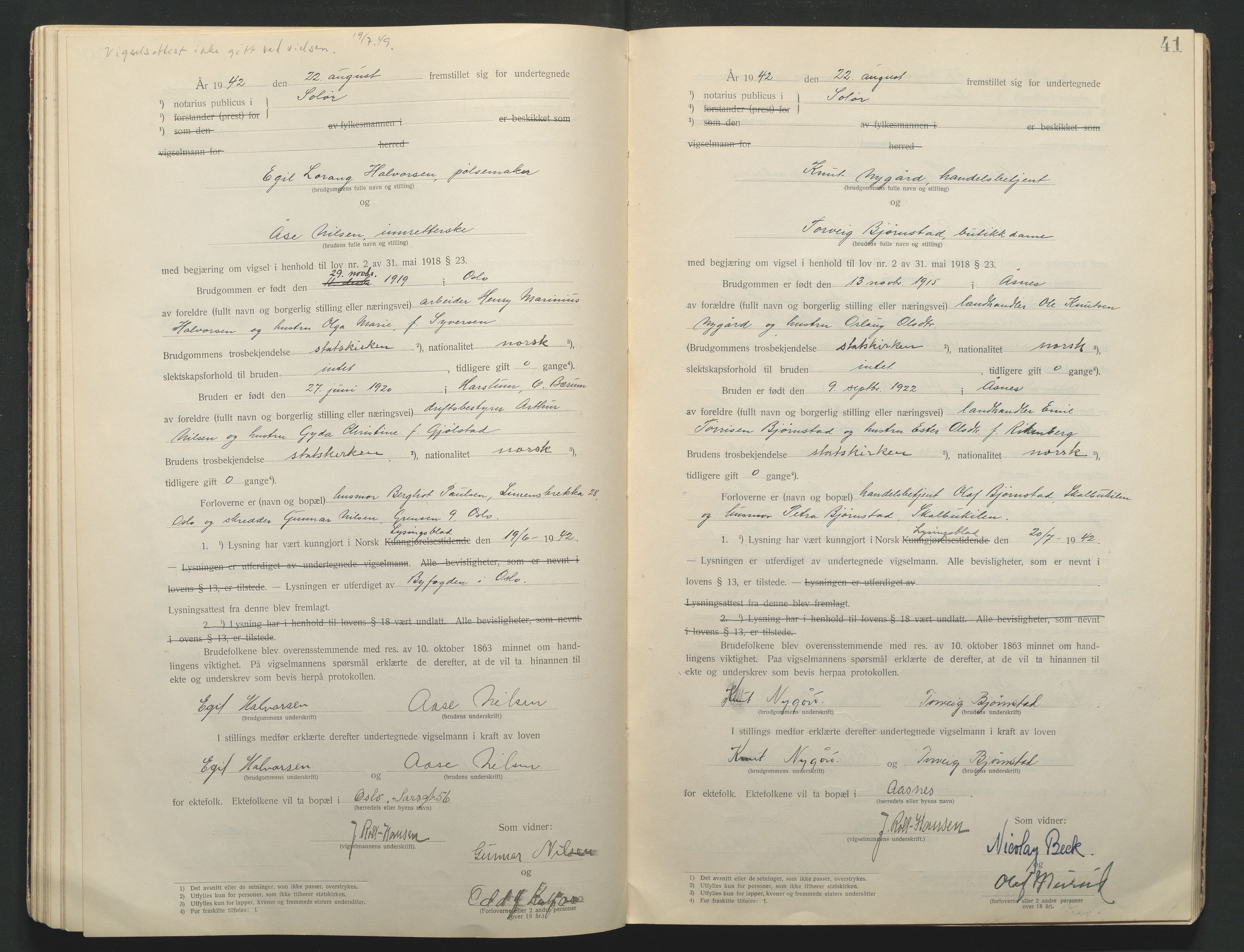Solør tingrett, AV/SAH-TING-008/L/Lb/L0001: Vigselprotokoll, 1920-1943, s. 41