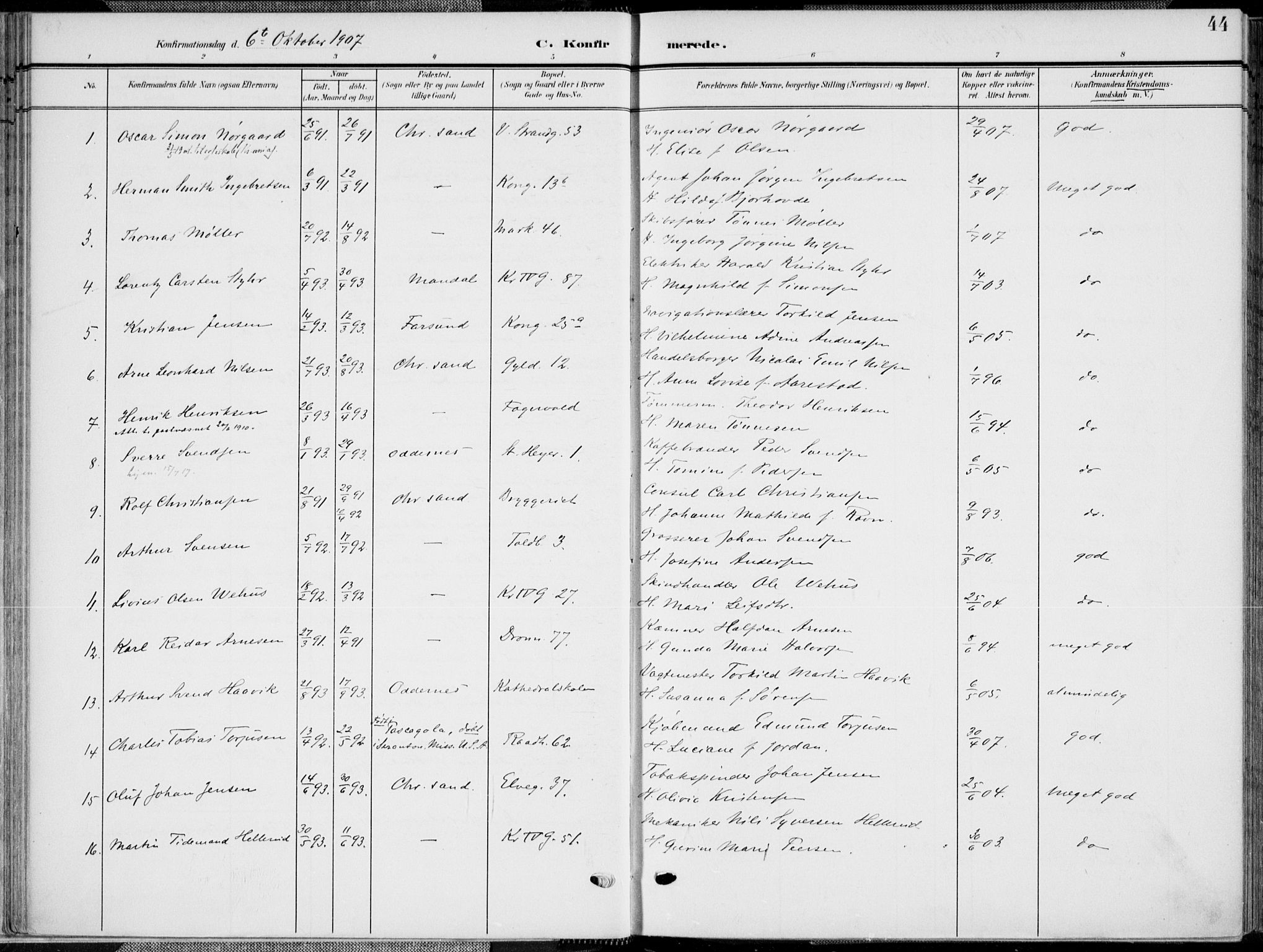 Kristiansand domprosti, AV/SAK-1112-0006/F/Fa/L0022: Ministerialbok nr. A 21, 1905-1916, s. 44