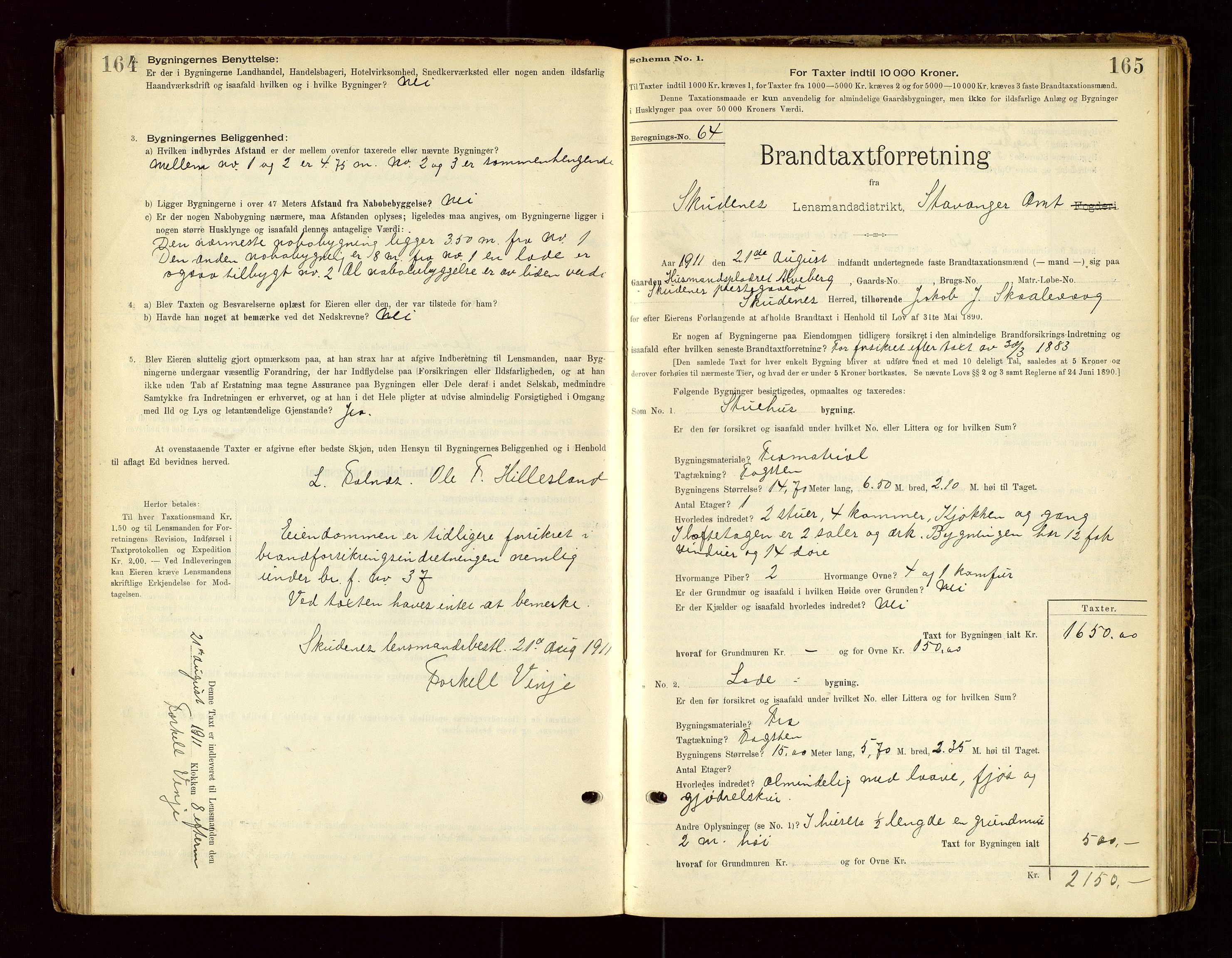 Skudenes lensmannskontor, SAST/A-100444/Gob/L0001: "Brandtaxationsprotokoll", 1895-1924, s. 164-165