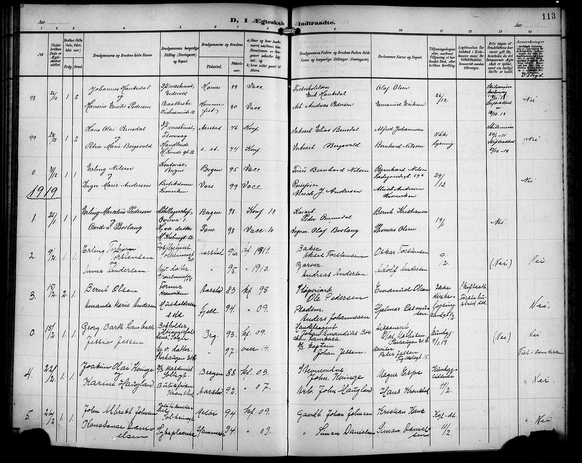 Årstad Sokneprestembete, AV/SAB-A-79301/H/Hab/L0018: Klokkerbok nr. C 1, 1902-1919, s. 113