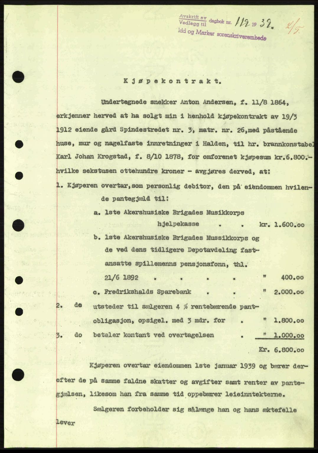 Idd og Marker sorenskriveri, AV/SAO-A-10283/G/Gb/Gbb/L0003: Pantebok nr. A3, 1938-1939, Dagboknr: 119/1939