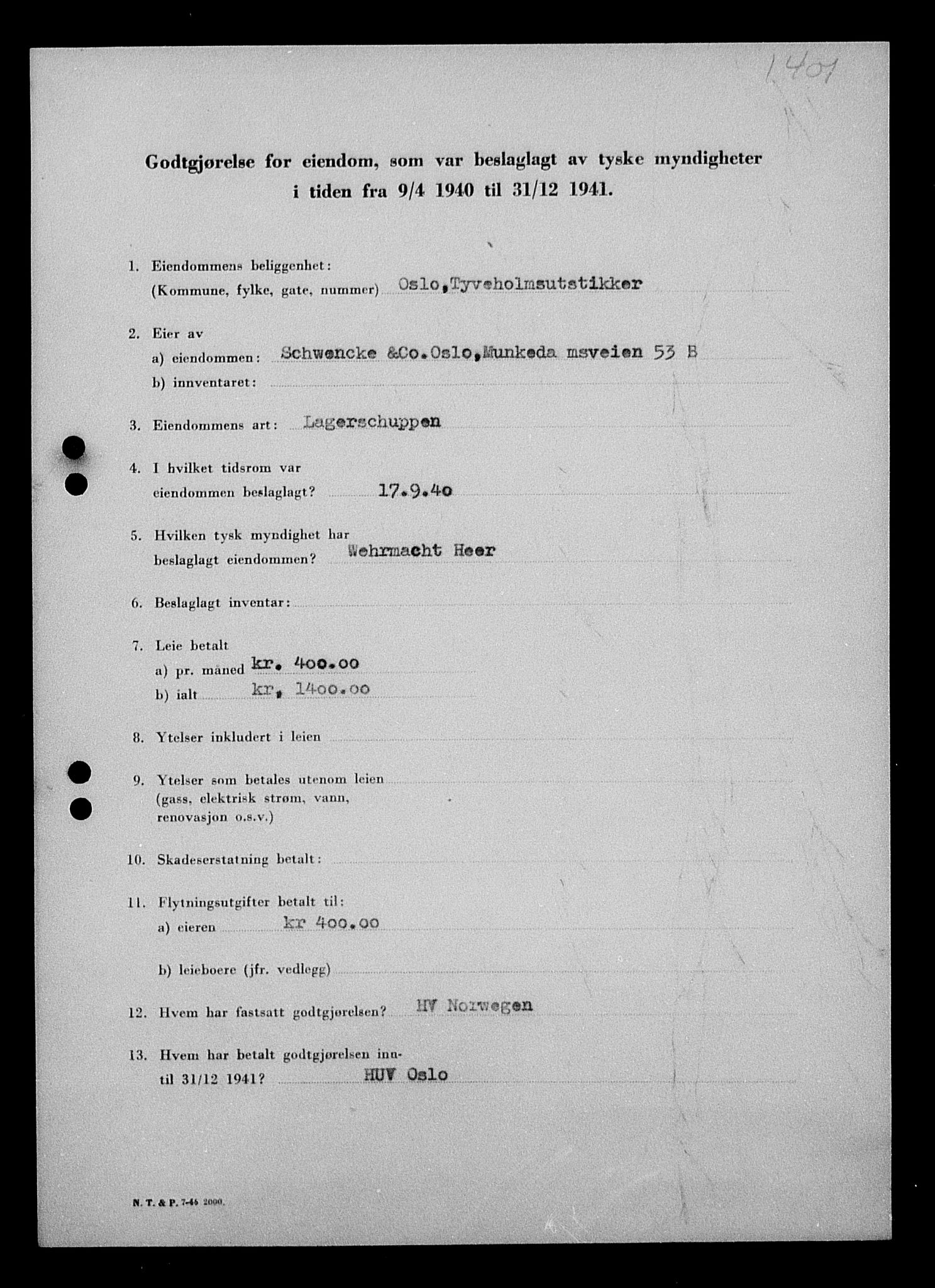 Justisdepartementet, Tilbakeføringskontoret for inndratte formuer, RA/S-1564/I/L1011: Godtgjørelse for beslaglagt eiendom, 1940-1941, s. 547