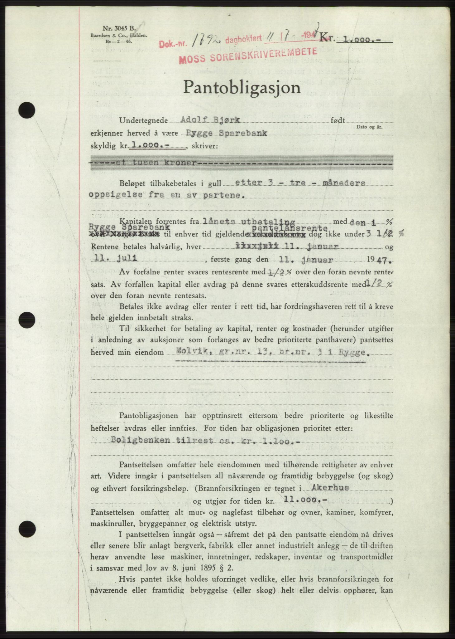 Moss sorenskriveri, SAO/A-10168: Pantebok nr. B17, 1947-1947, Dagboknr: 1792/1947