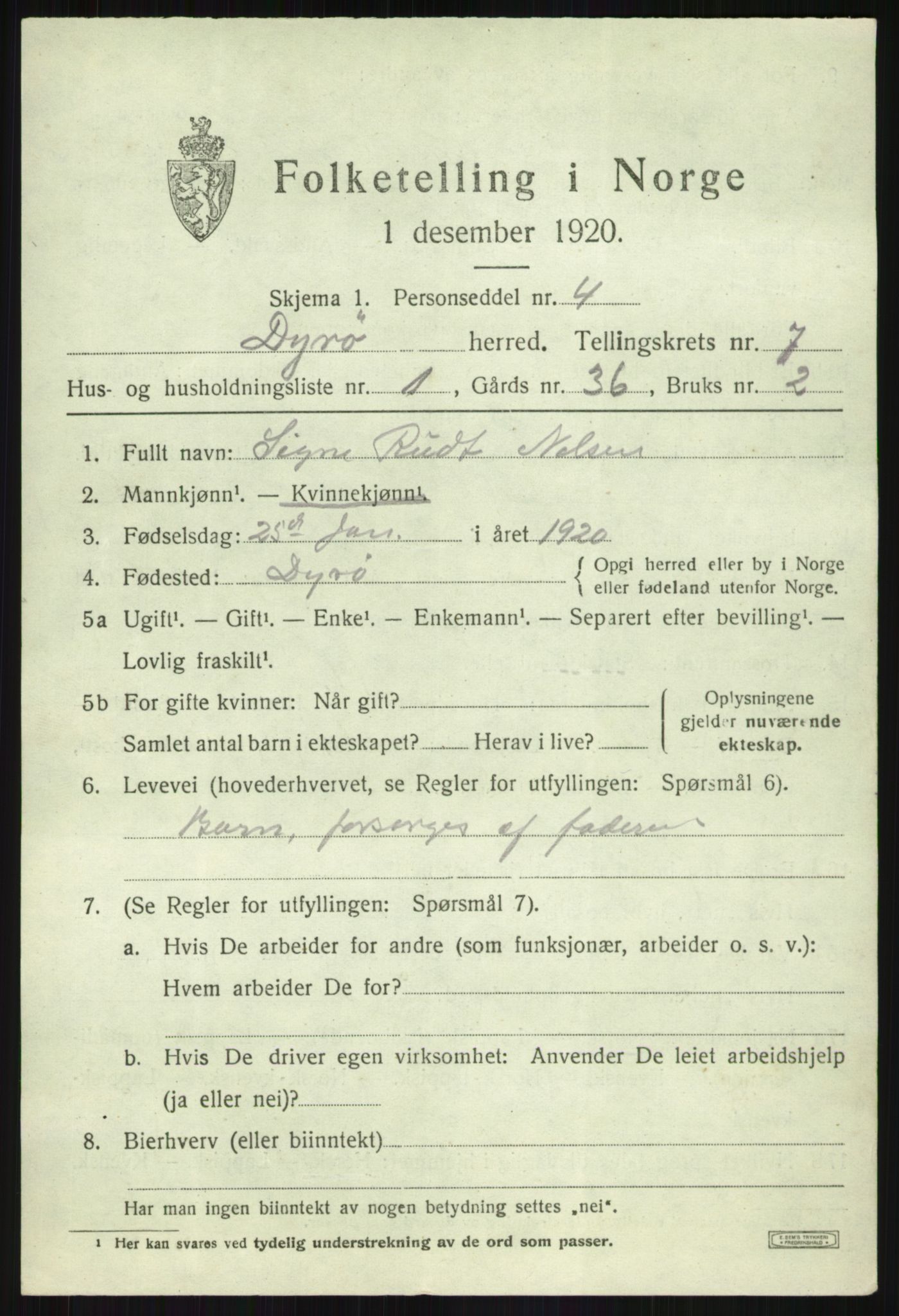 SATØ, Folketelling 1920 for 1926 Dyrøy herred, 1920, s. 3625