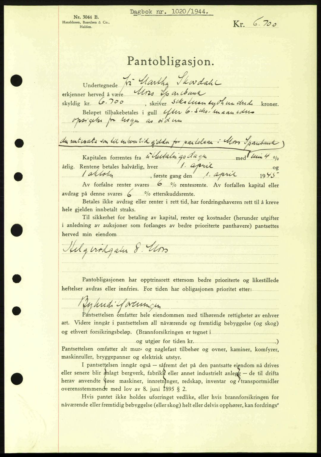 Moss sorenskriveri, SAO/A-10168: Pantebok nr. B13, 1943-1945, Dagboknr: 1020/1944