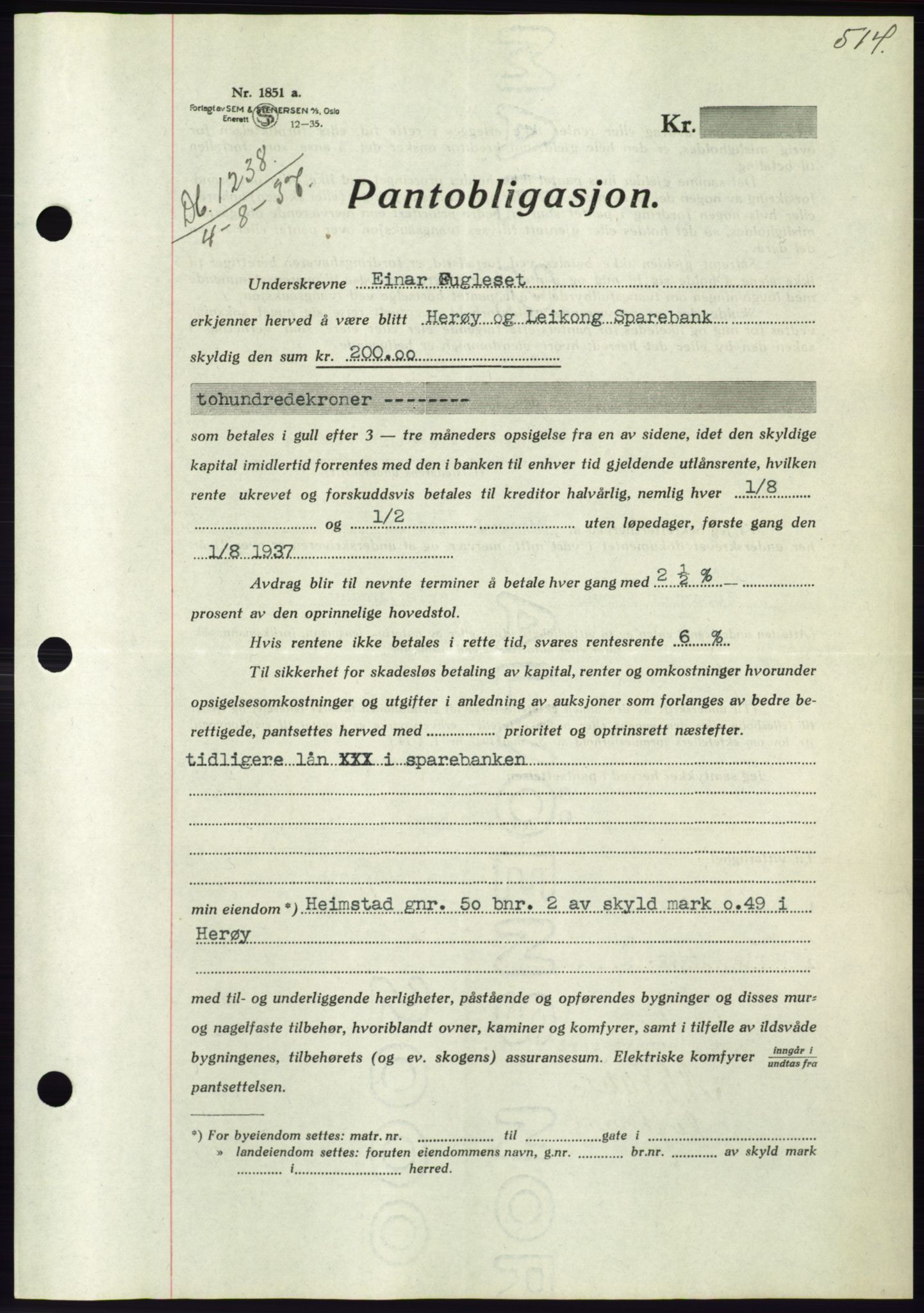 Søre Sunnmøre sorenskriveri, AV/SAT-A-4122/1/2/2C/L0063: Pantebok nr. 57, 1937-1937, Dagboknr: 1238/1937