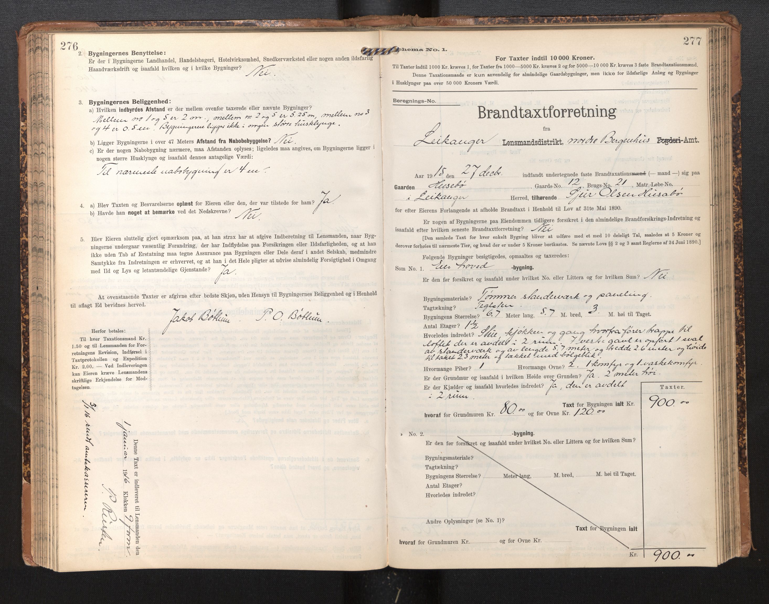 Lensmannen i Leikanger, AV/SAB-A-29201/0012/L0005: Branntakstprotokoll, skjematakst, 1907-1917, s. 276-277