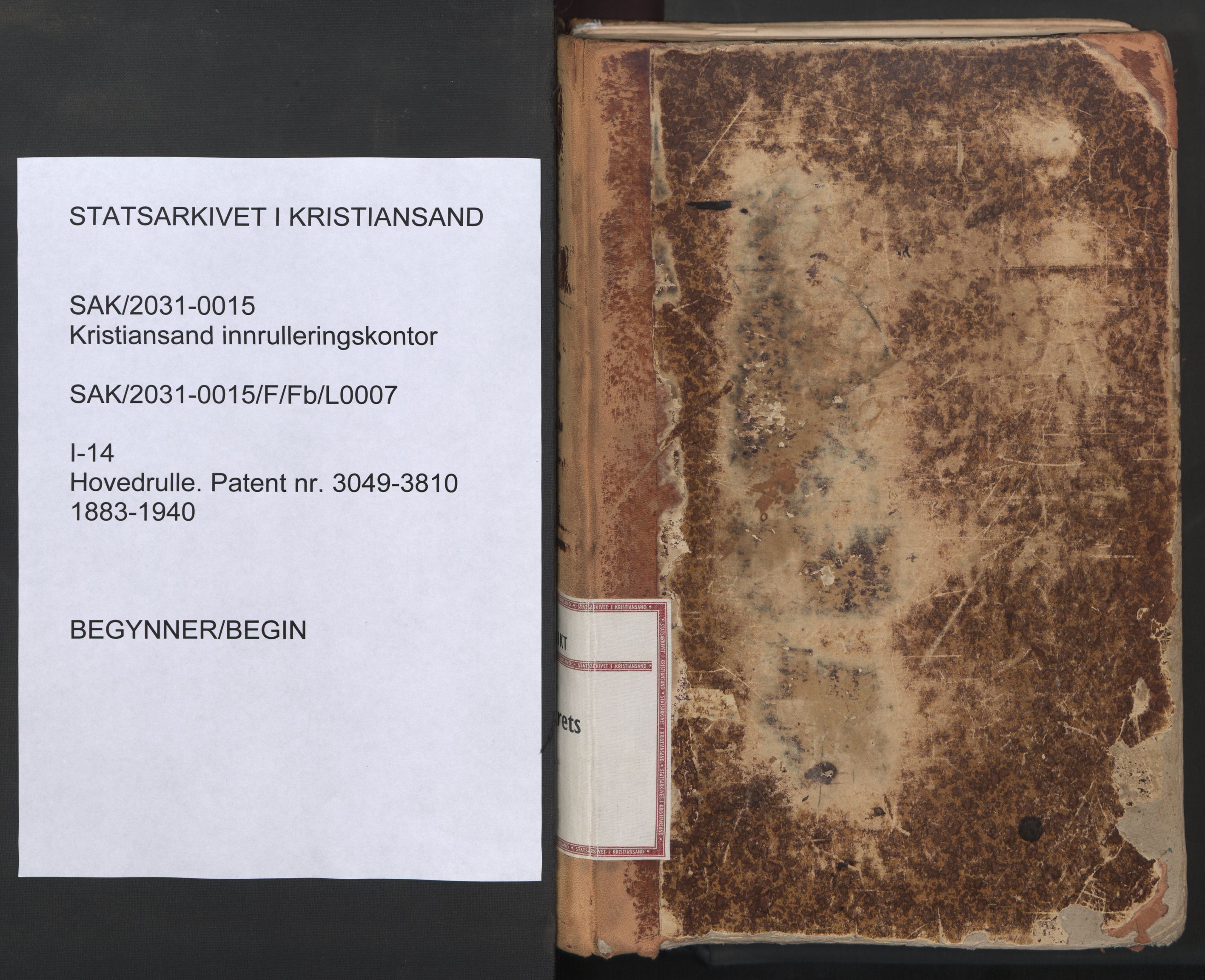 Kristiansand mønstringskrets, SAK/2031-0015/F/Fb/L0007: Hovedrulle nr 3049-3810, I-14, 1883-1940, s. 1
